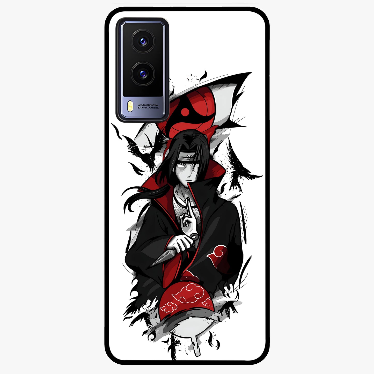 Itachi Sharingan Glass Case showing flat back view with powerful anime eye artwork and glossy glass finish.