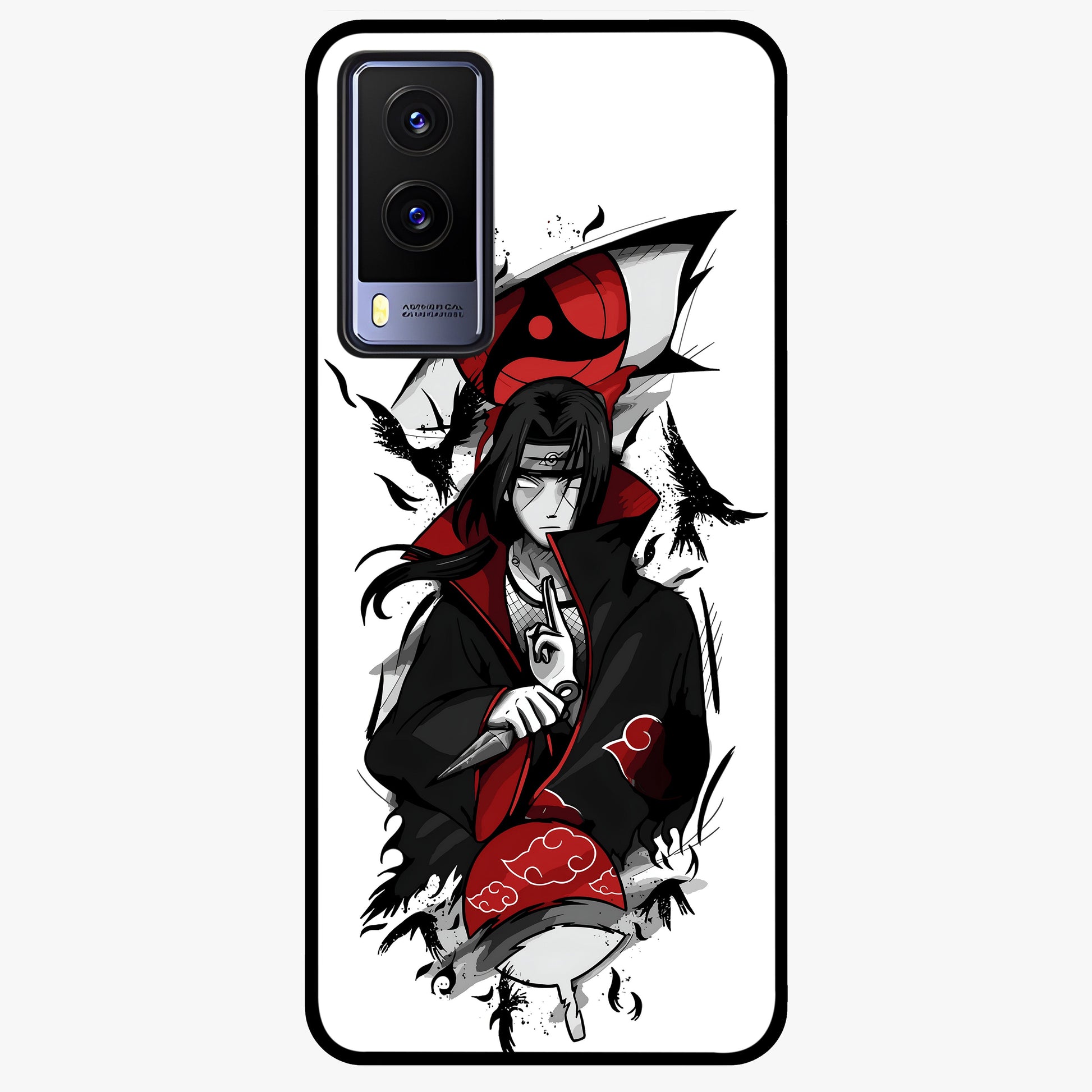Itachi Sharingan Glass Case showing flat back view with powerful anime eye artwork and glossy glass finish.