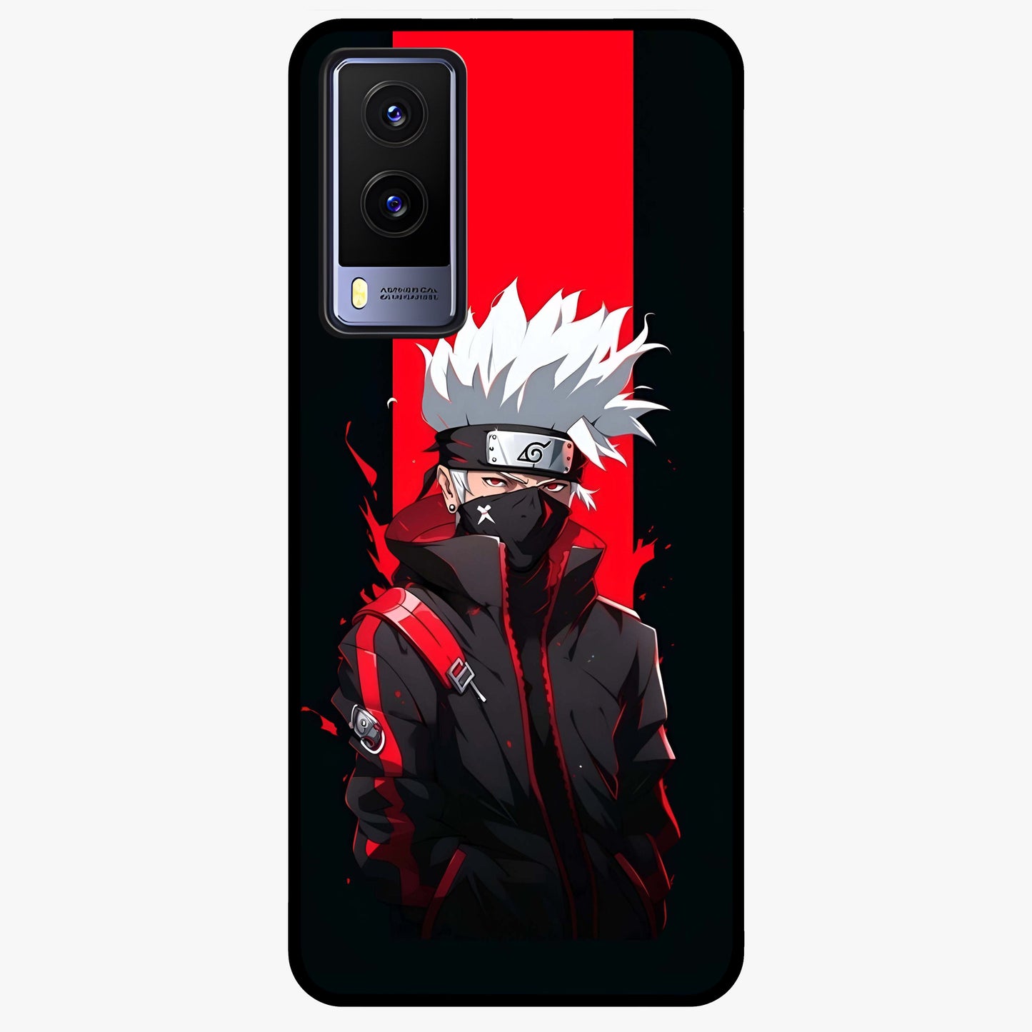 Kakashi Scarlet Shadow Glass Case showing flat back view with powerful anime ninja artwork and glossy glass finish.