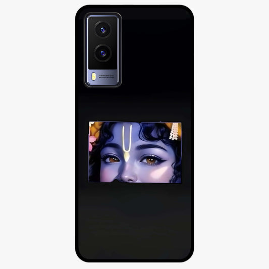 Krishna Divine Embrace Glass Case showing flat back view with Lord Krishna devotional artwork and glossy glass finish.