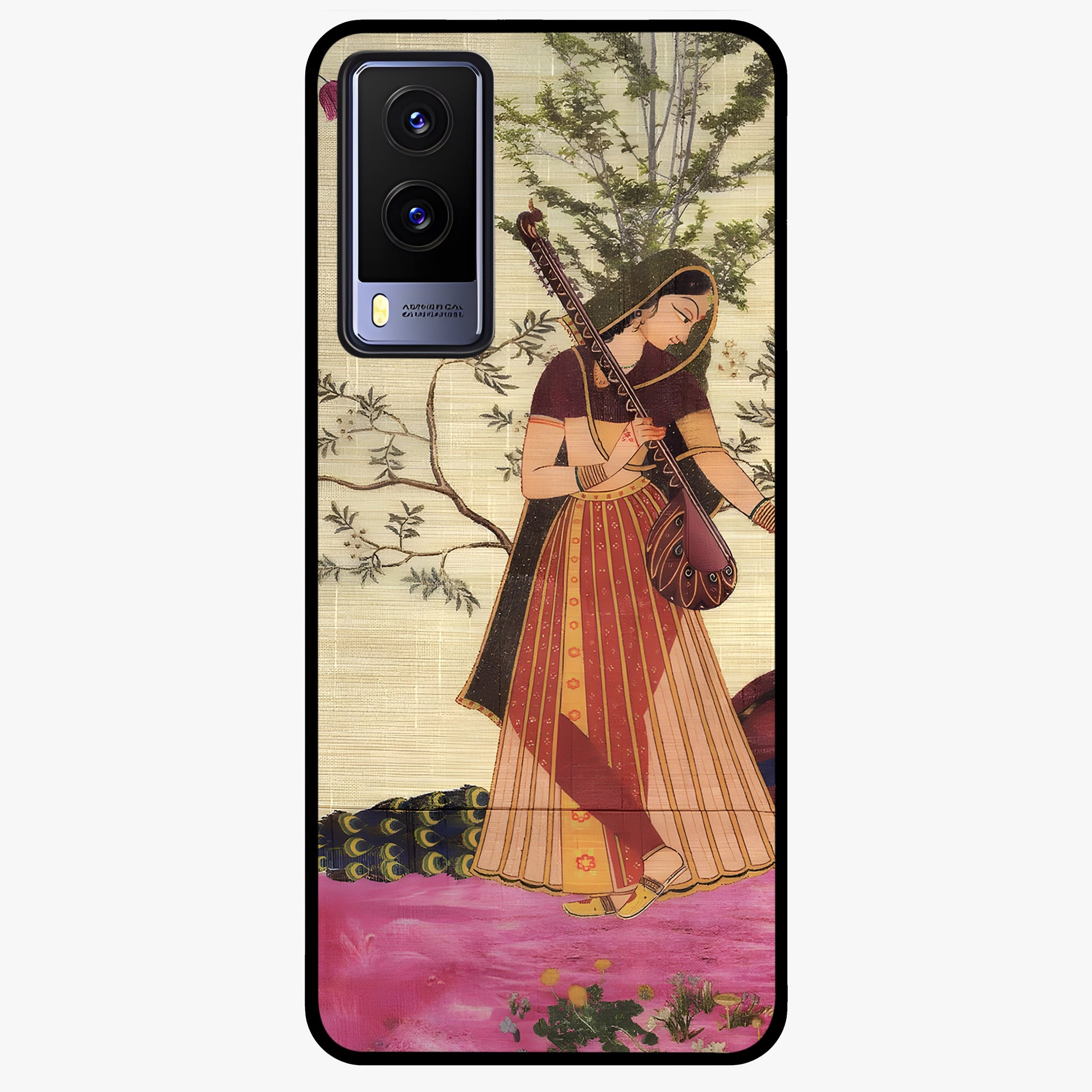 Lady With Veena Art Glass Case showing flat back view with elegant woman playing veena artwork and glossy glass finish.