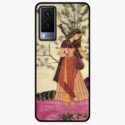 Lady With Veena Art Glass Case showing flat back view with elegant woman playing veena artwork and glossy glass finish.