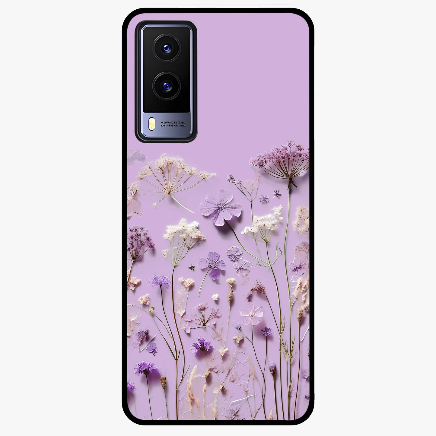 Lavender Blossom Dream Glass Case showing flat back view with soft lavender floral artwork and glossy glass finish.
