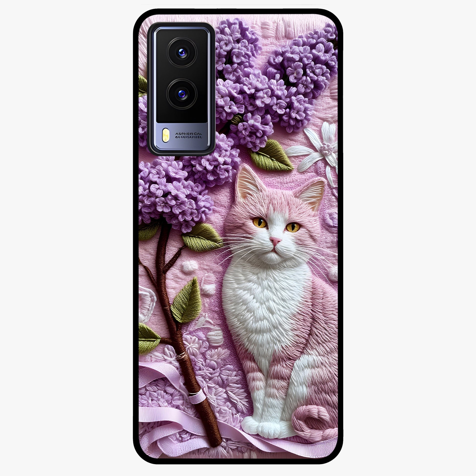 Lavender Cat Whimsy Glass Case showing flat back view with cute lavender cat artwork and glossy glass finish.