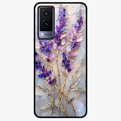 Lavender Dream Glow Glass Case showing flat back view with glowing lavender aesthetic artwork and glossy glass finish.