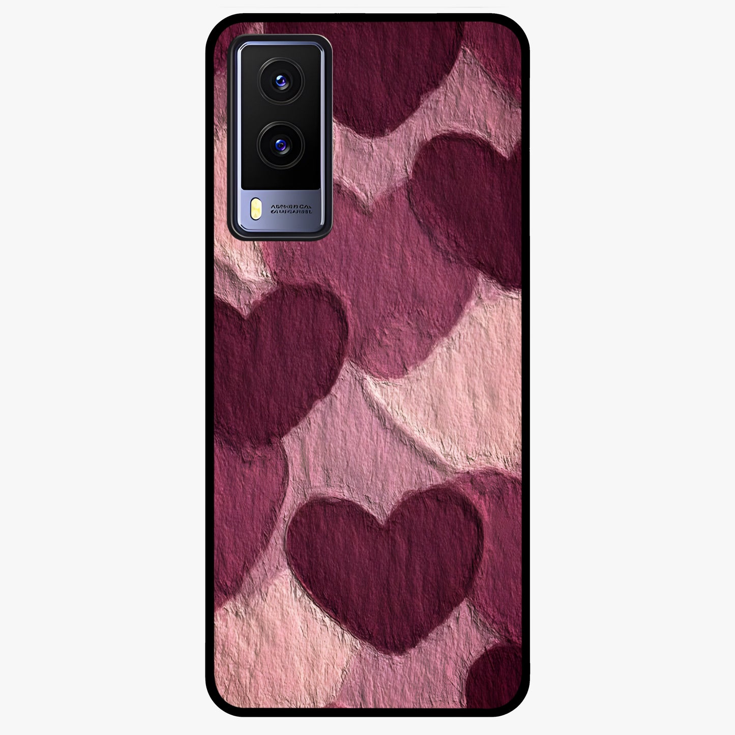 Layered Paper Hearts Glass Case showing flat back view with layered paper heart artwork and glossy glass finish.