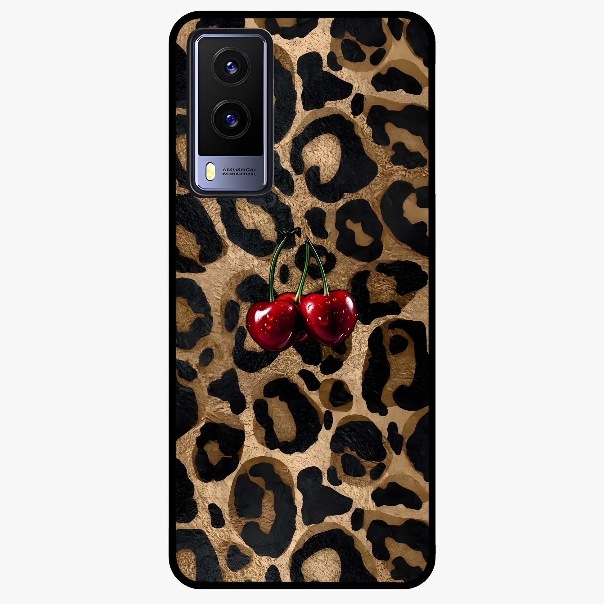 Leopard Wild Cherry Glass Case showing flat back view with leopard pattern and cherry artwork and glossy glass finish.