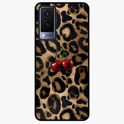 Leopard Wild Cherry Glass Case showing flat back view with leopard pattern and cherry artwork and glossy glass finish.