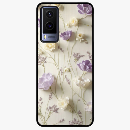 Lilac Breeze Harmony Glass Case showing flat back view with soft lilac themed artwork and glossy glass finish.