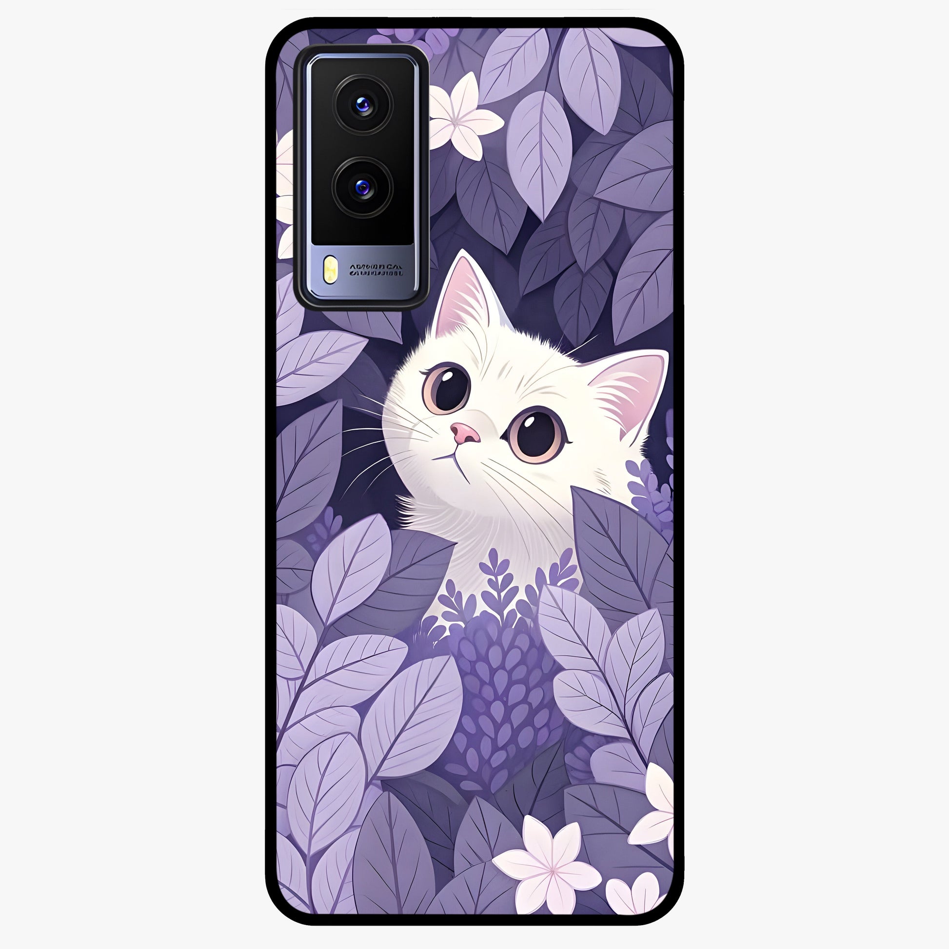Lilac Hide Peek Cat Glass Case showing flat back view with cute peeking cat artwork and glossy glass finish.