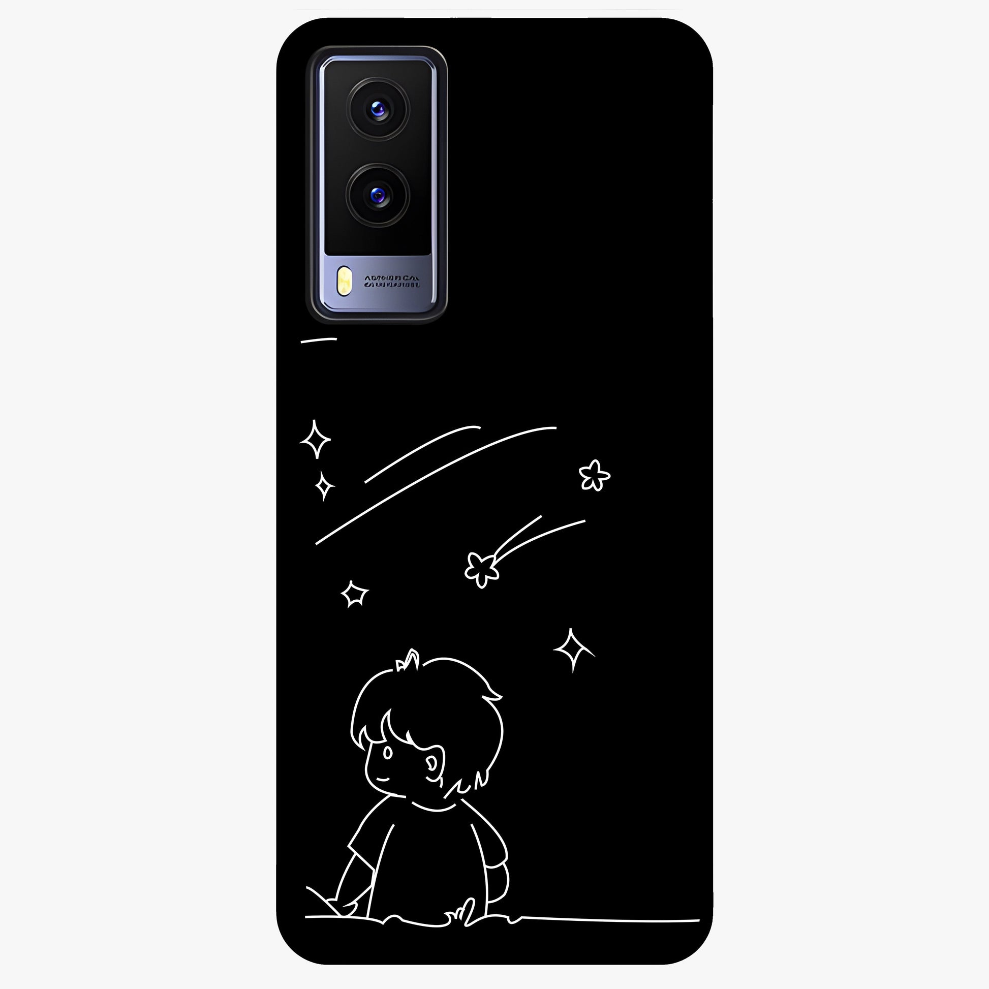 Line Art Boy With Shooting Stars Glass Case showing flat back view with minimal line art boy and shooting stars illustration and glossy glass finish.