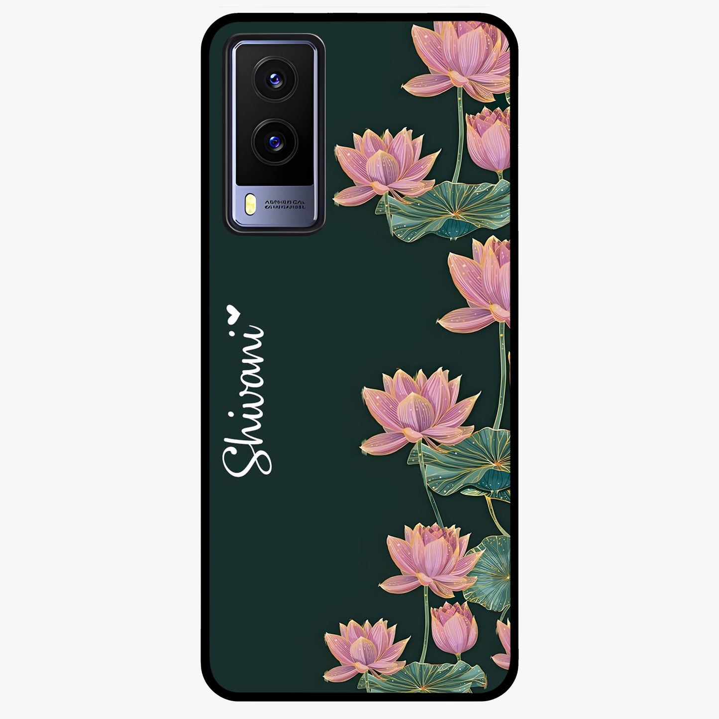 Lotus Bloom Serenity Custom Name Glass Case showing flat back view with elegant lotus flower artwork and personalized name design.