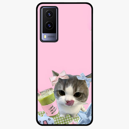 Love Matcha Cat Glass Case showing flat back view with cute cat and matcha themed artwork and glossy glass finish.