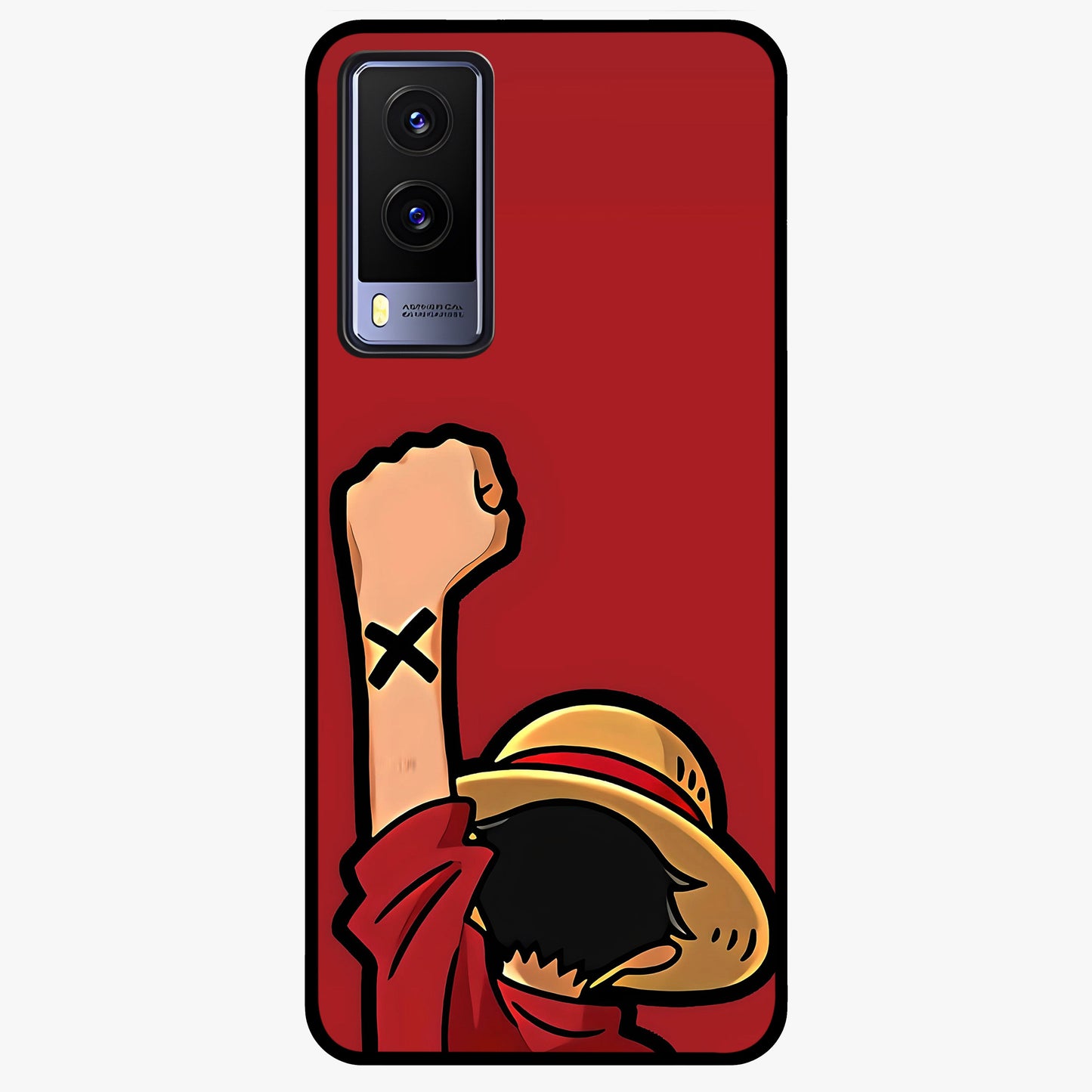Luffy X Spirit Glass Case showing flat back view with bold anime character artwork and glossy glass finish.