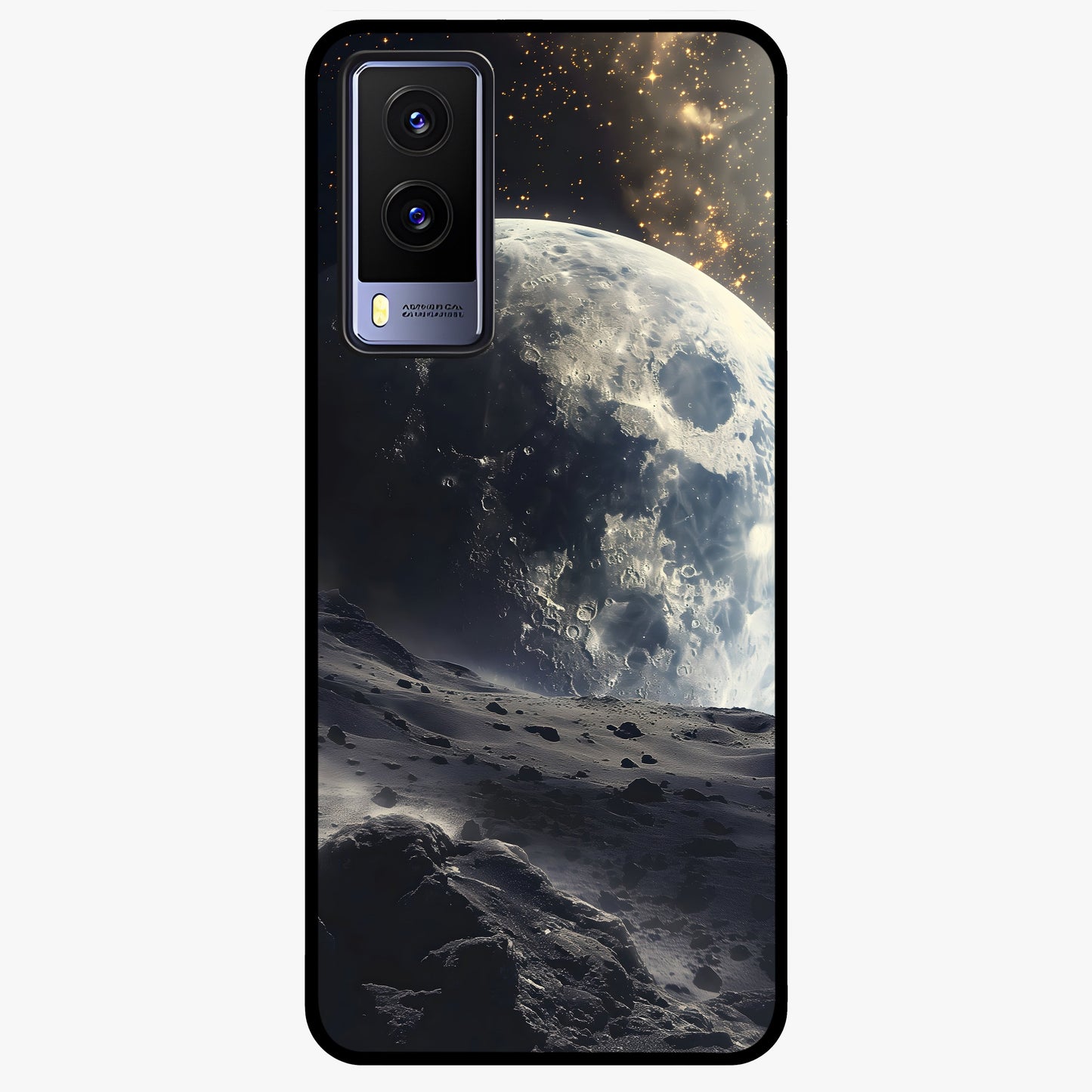 Lunar Horizon Glow Glass Case showing flat back view with glowing moon horizon artwork and glossy glass finish.