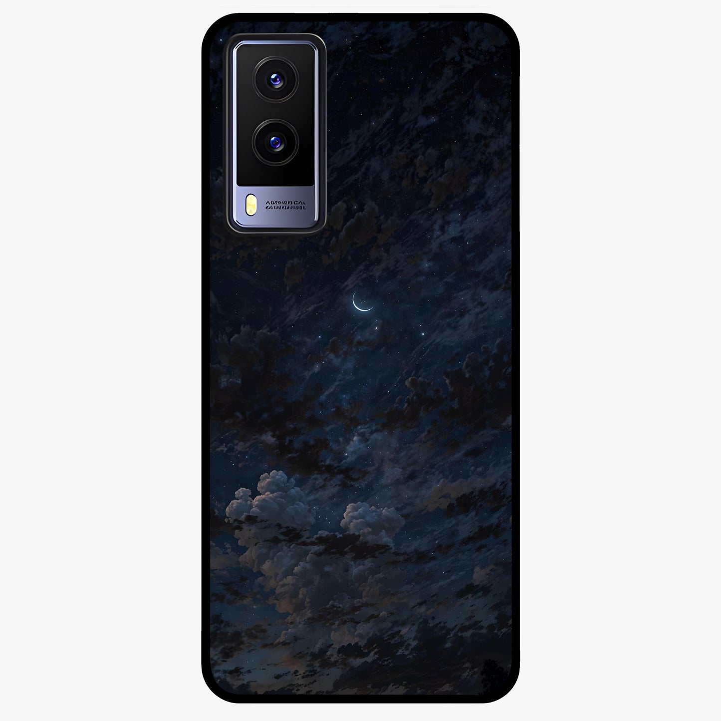 Lunar Veil Silence Glass Case showing flat back view with mystical moon veil artwork and glossy glass finish.