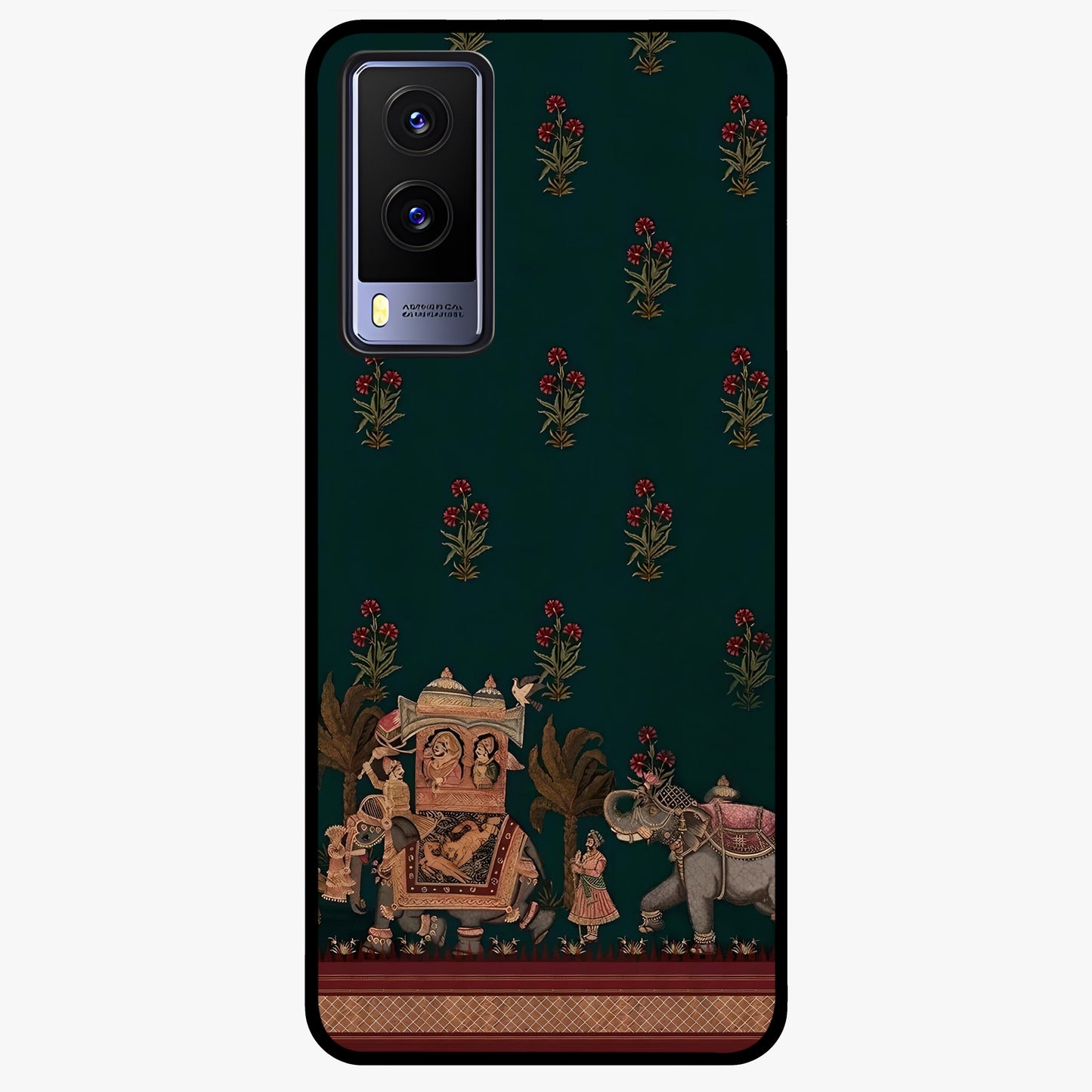 Macmerise Glass Case showing flat back view with stylish modern artwork and glossy glass finish.