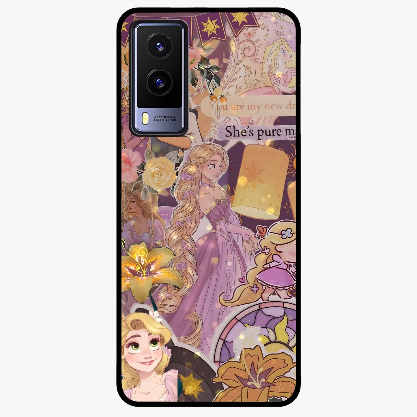 Magical Tangled Dream Glass Case showing flat back view with dreamy tangled artwork and glossy glass finish.