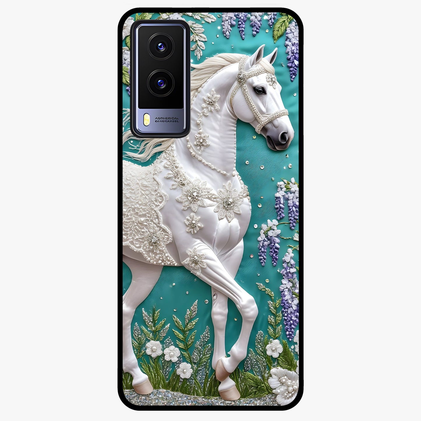 Majestic Floral Stallion Glass Case showing flat back view with powerful horse and floral artwork and glossy glass finish.