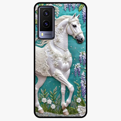 Majestic Floral Stallion Glass Case showing flat back view with powerful horse and floral artwork and glossy glass finish.