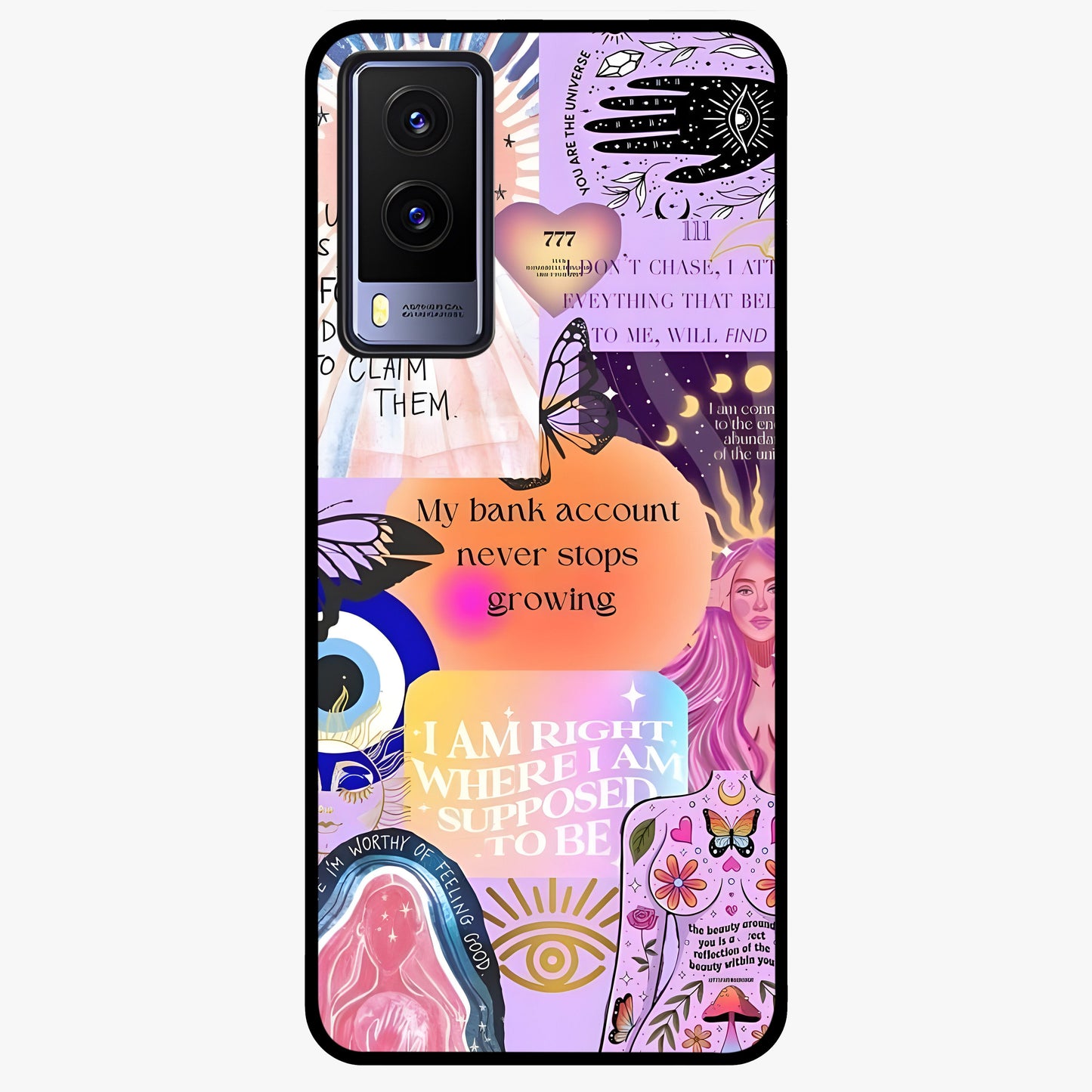 Manifestation Collage Glass Case showing flat back view with motivational collage artwork and glossy glass finish.