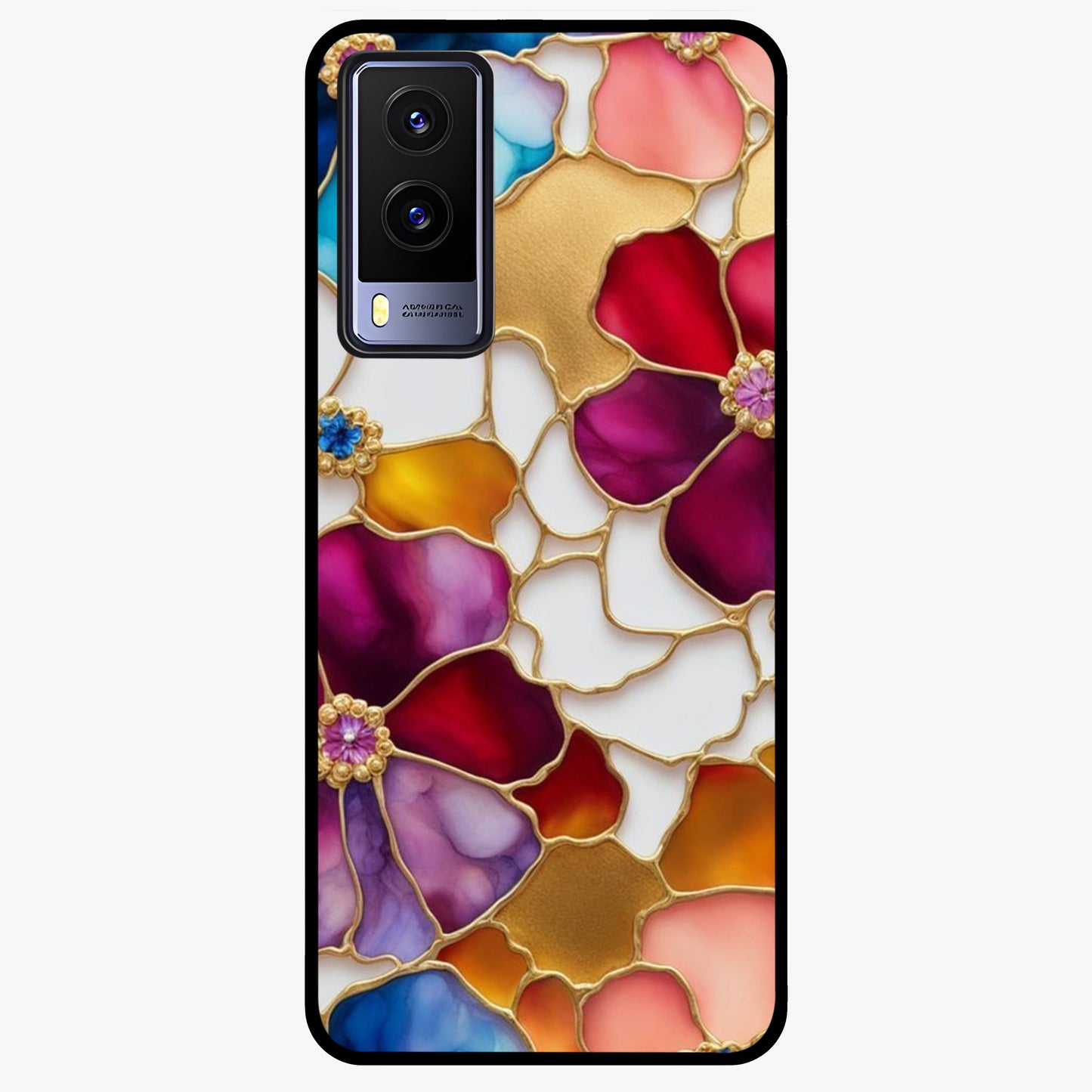 Marble Flower Pattern Glass Case showing flat back view with marble texture floral artwork and glossy glass finish.