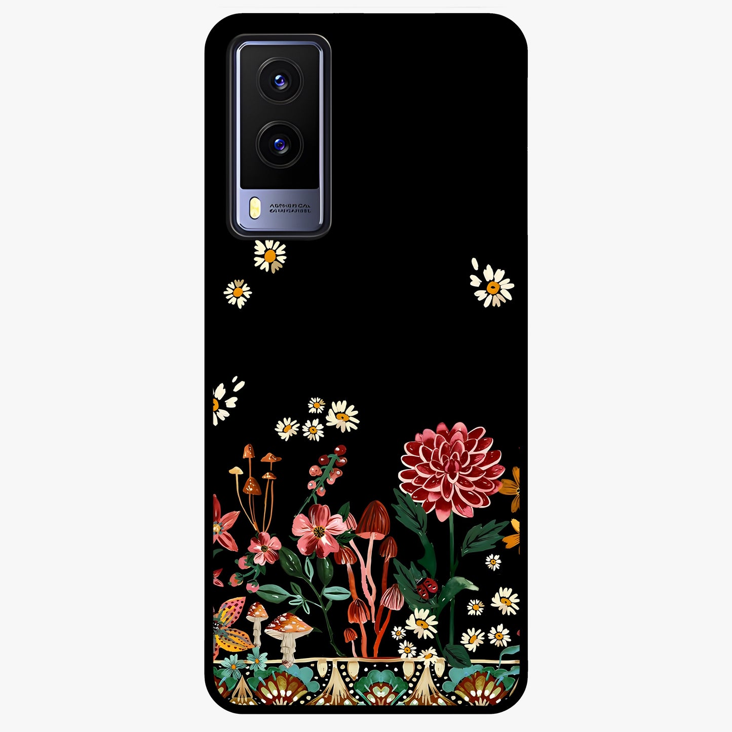Midnight Bloom Pattern Glass Case showing flat back view with dark floral pattern artwork and glossy glass finish.