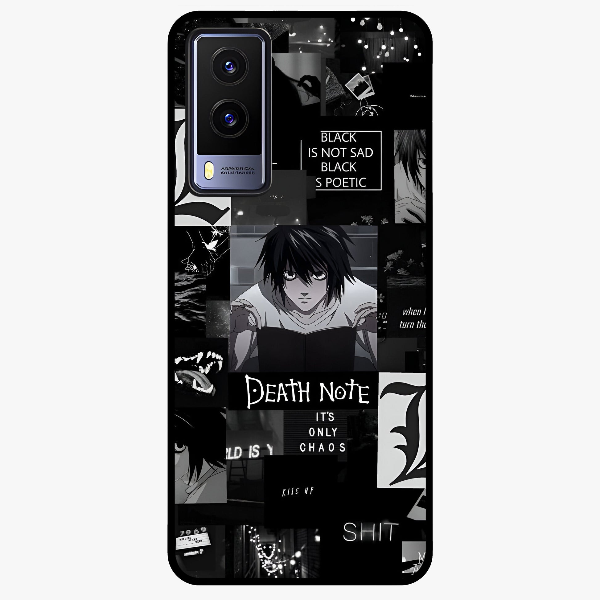 Midnight Chaos Mind Glass Case showing flat back view with abstract dark themed artwork and glossy glass finish.