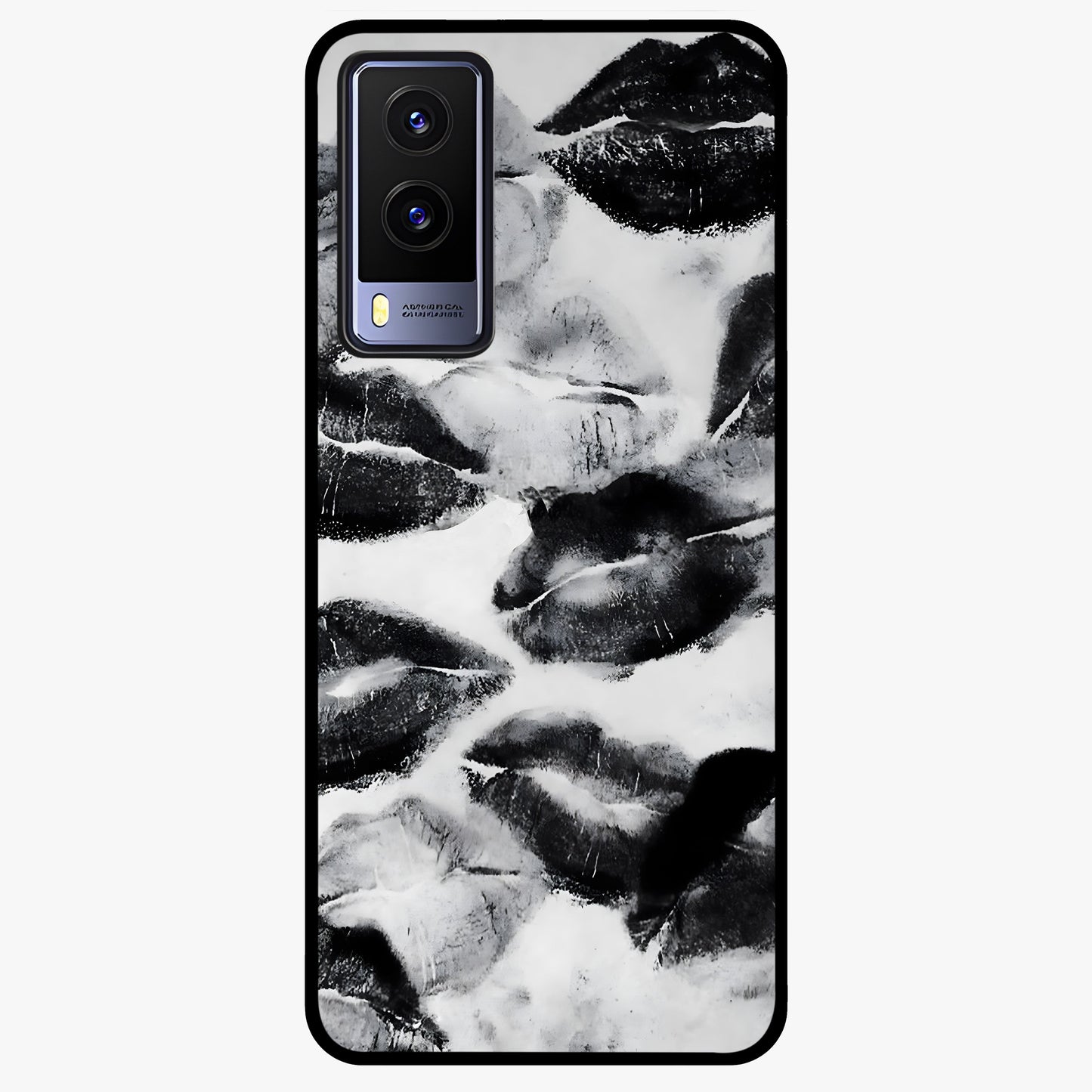 Midnight Kiss Marks Glass Case showing flat back view with lipstick kiss mark artwork and glossy glass finish.
