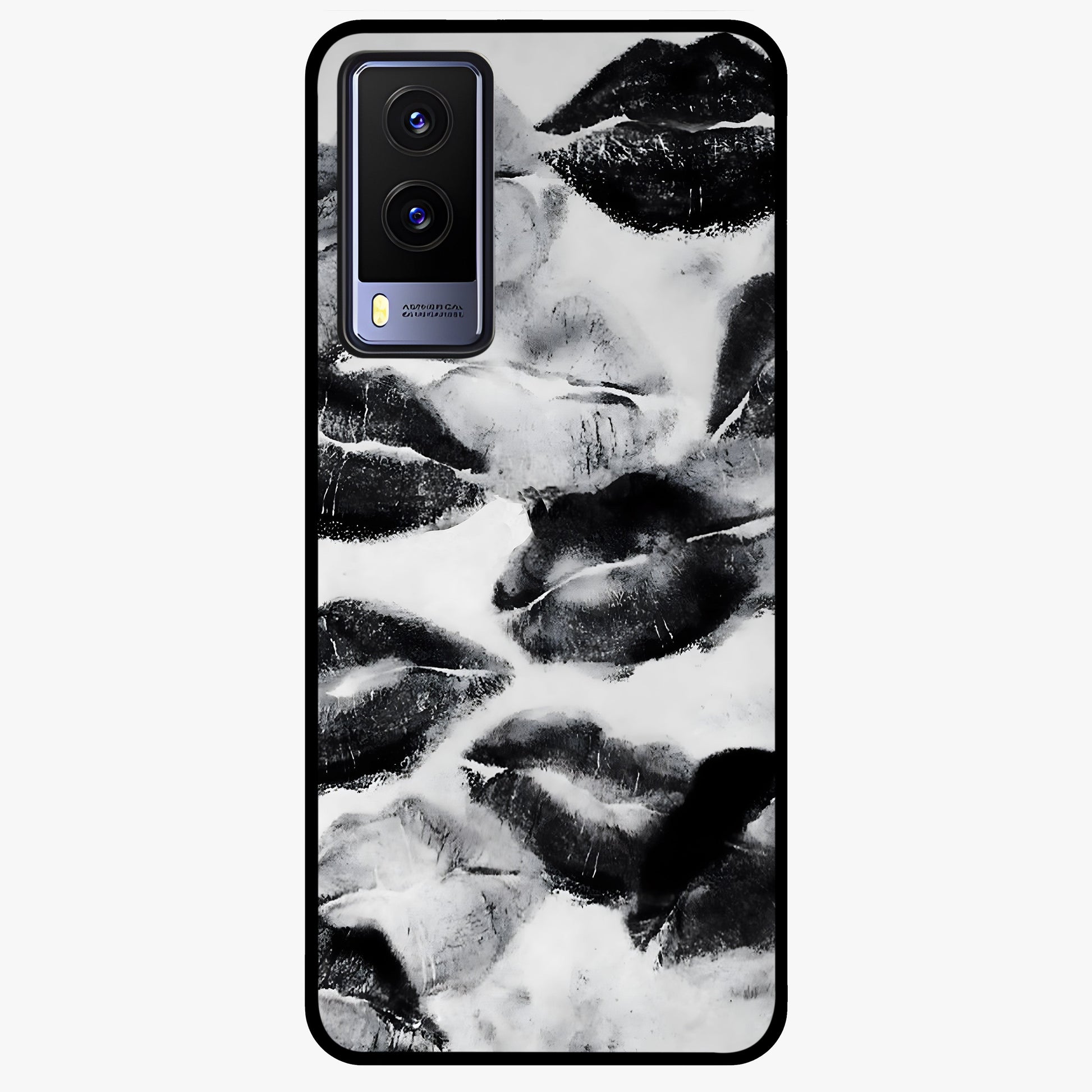 Midnight Kiss Marks Glass Case showing flat back view with lipstick kiss mark artwork and glossy glass finish.