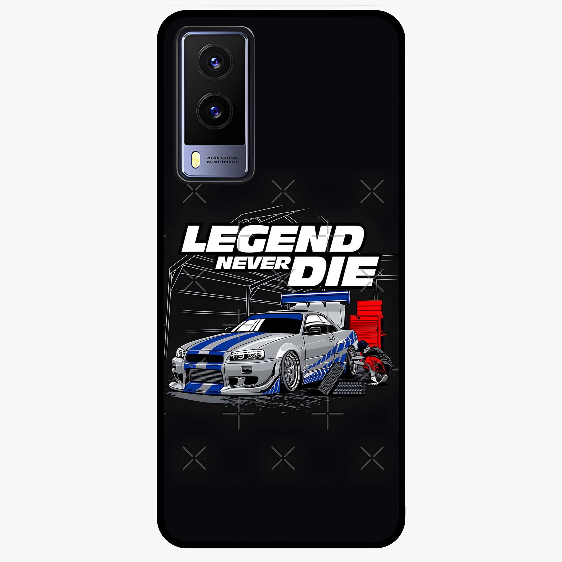 Midnight Racing Legacy Glass Case showing flat back view with sleek racing inspired artwork and glossy glass finish.