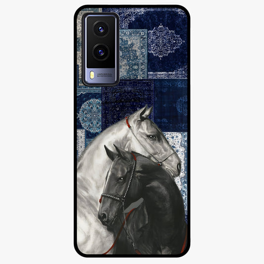 Midnight Stallion Blues Glass Case showing flat back view with majestic horse artwork and glossy glass finish.