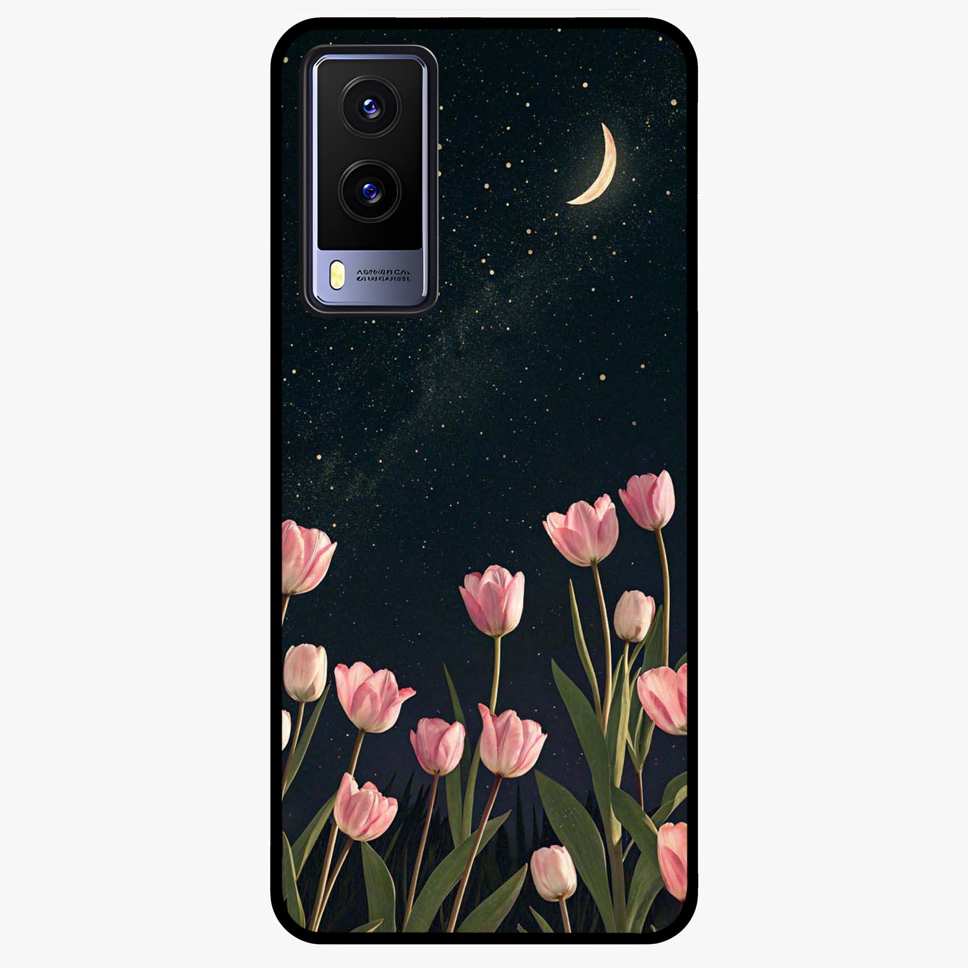 Midnight Tulip Whispers Vibe Glass Case showing flat back view with elegant tulip flower artwork and glossy glass finish.