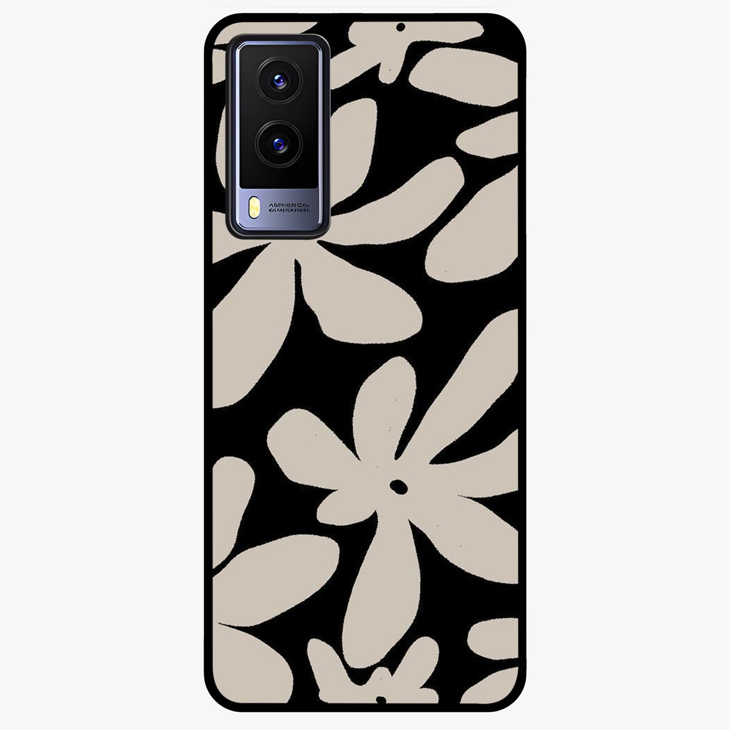 Monochrome Petal Dance Glass Case showing flat back view with monochrome floral artwork and glossy glass finish.