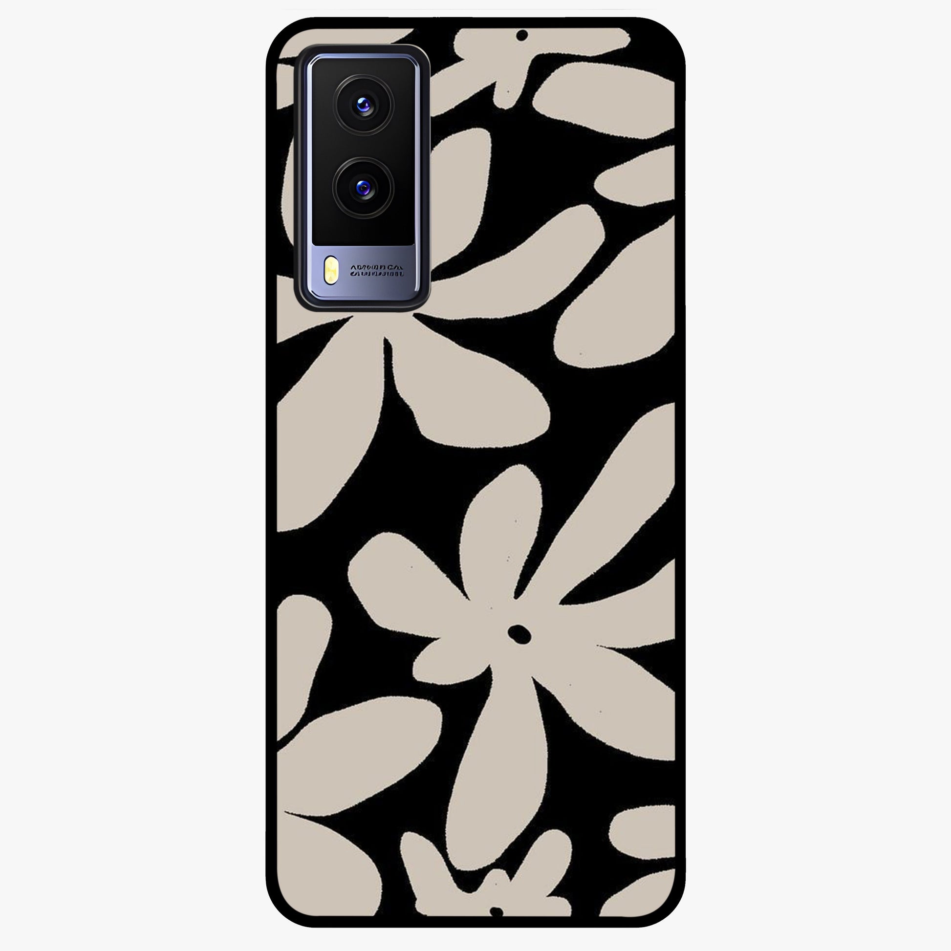 Monochrome Petal Dance Glass Case showing flat back view with monochrome floral artwork and glossy glass finish.
