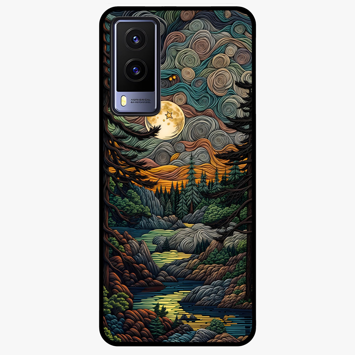 Moonlight Forest Dream Glass Case showing flat back view with mystical forest moonlight artwork and glossy glass finish.