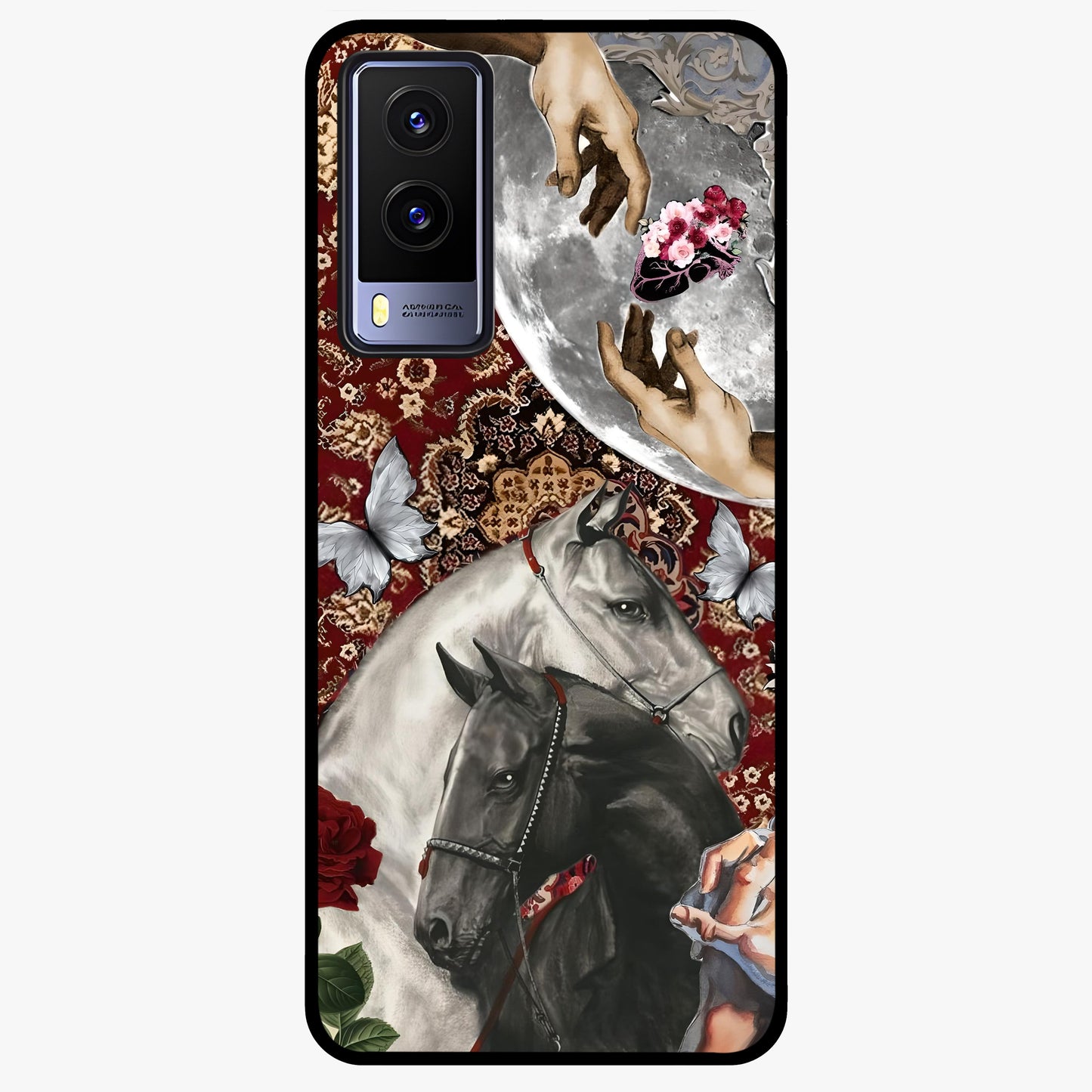 Moonlit Royal Stallion Glass Case showing flat back view with majestic horse under moonlight artwork and glossy glass finish.