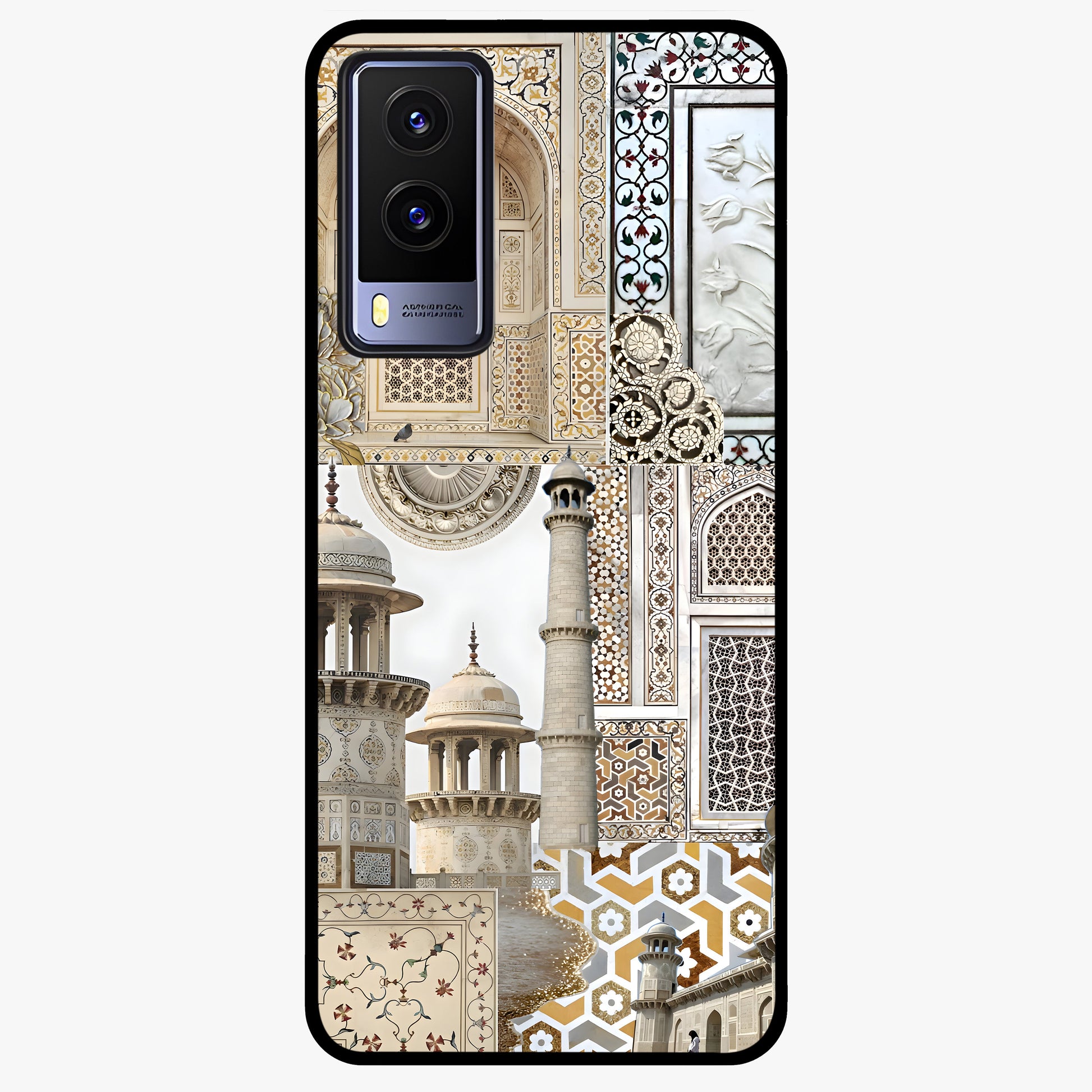 Mughal Marble Legacy Glass Case showing flat back view with intricate Mughal inspired marble pattern and glossy glass finish.