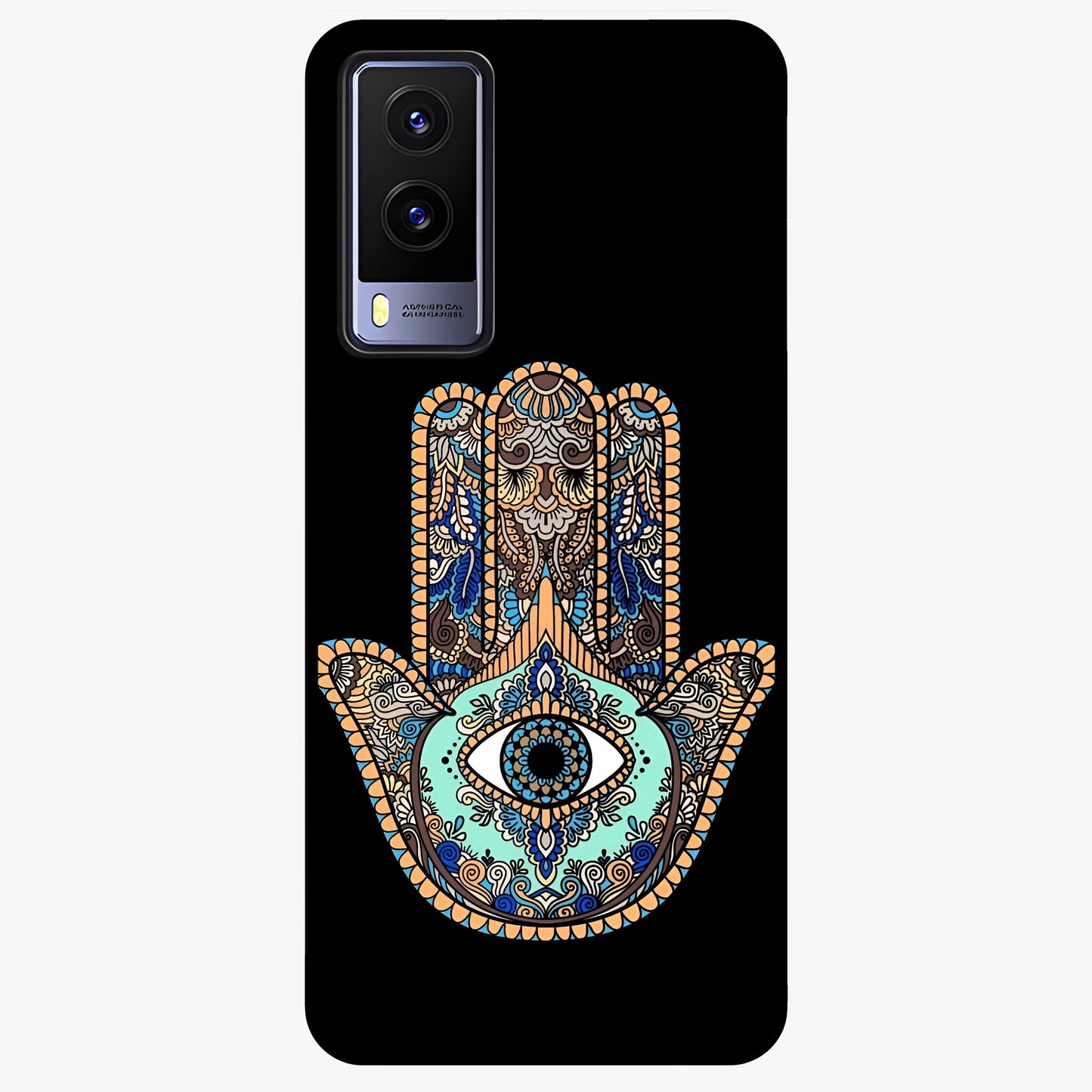 Mystic Hamsa Eye Glass Case showing flat back view with protective hamsa hand and evil eye artwork and glossy glass finish.