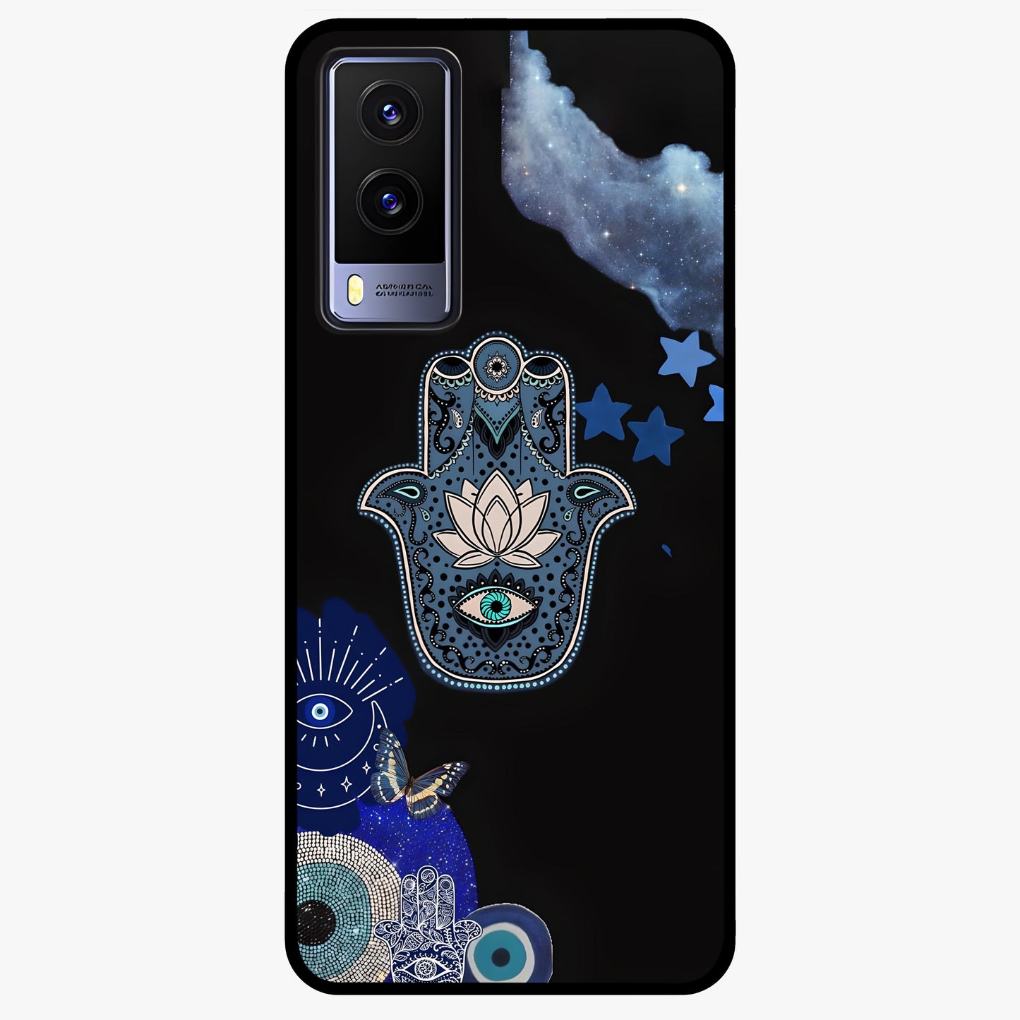 Mystic Hand Aura Glass Case showing flat back view with mystical hand symbol artwork and glossy glass finish.