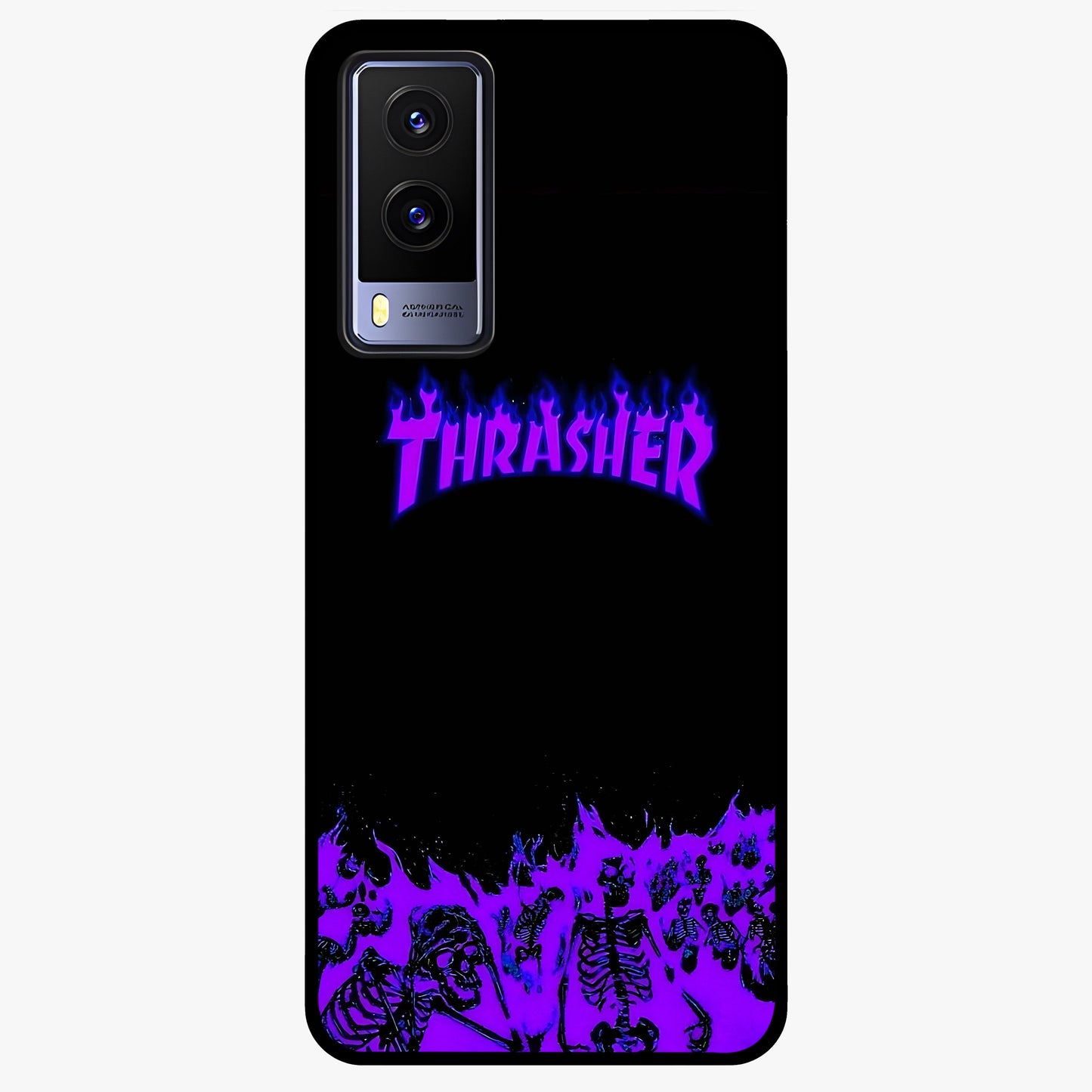 Neon Flame Riot Glass Case showing flat back view with neon flame artwork and glossy glass finish.