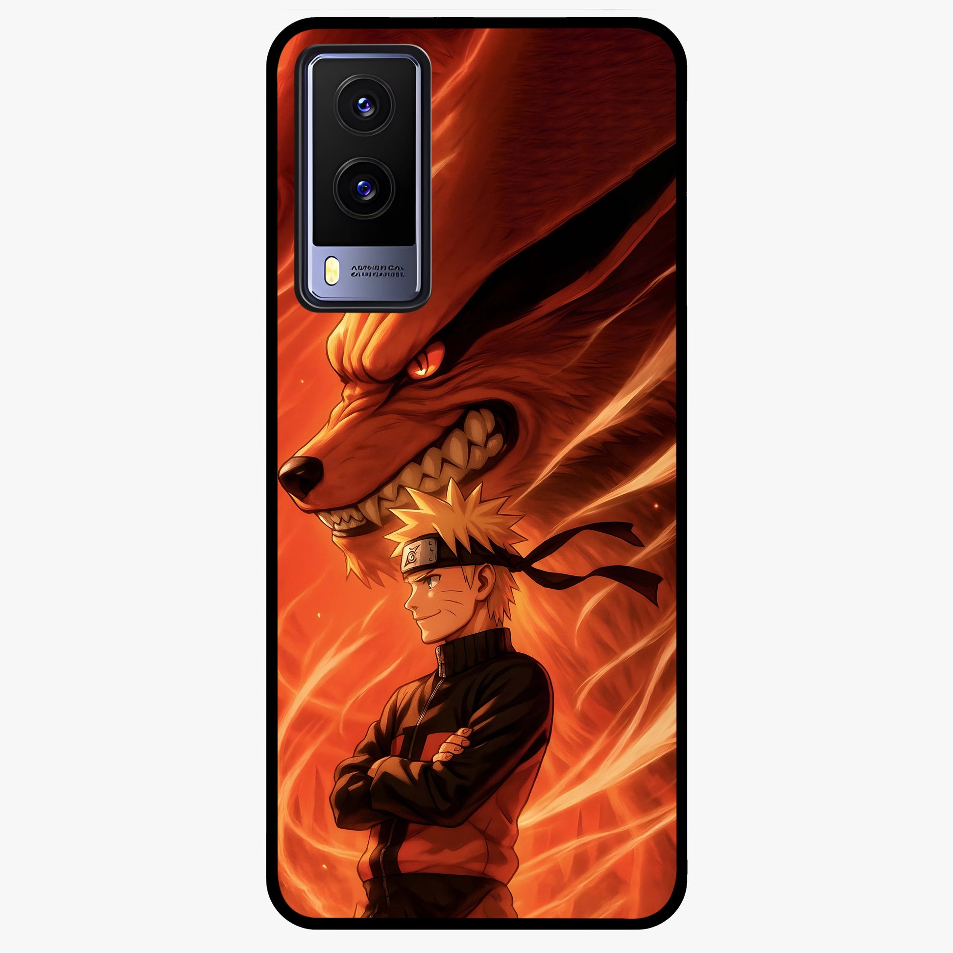 Nine Tails Legacy Glass Case showing flat back view with powerful nine-tailed fox inspired artwork and glossy glass finish.