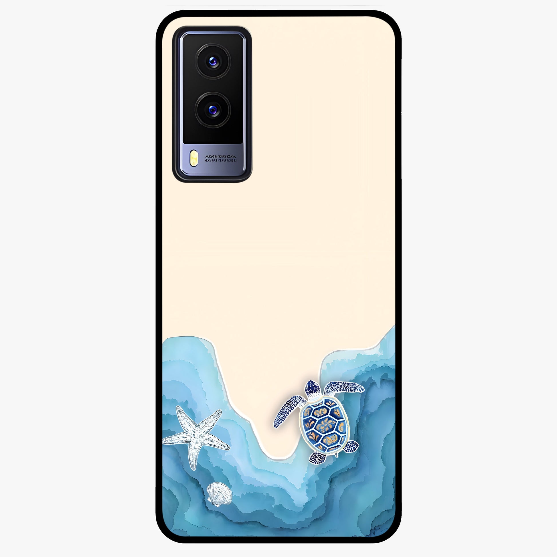 Ocean Drift Turtle Glass Case showing flat back view with sea turtle artwork and glossy glass finish.