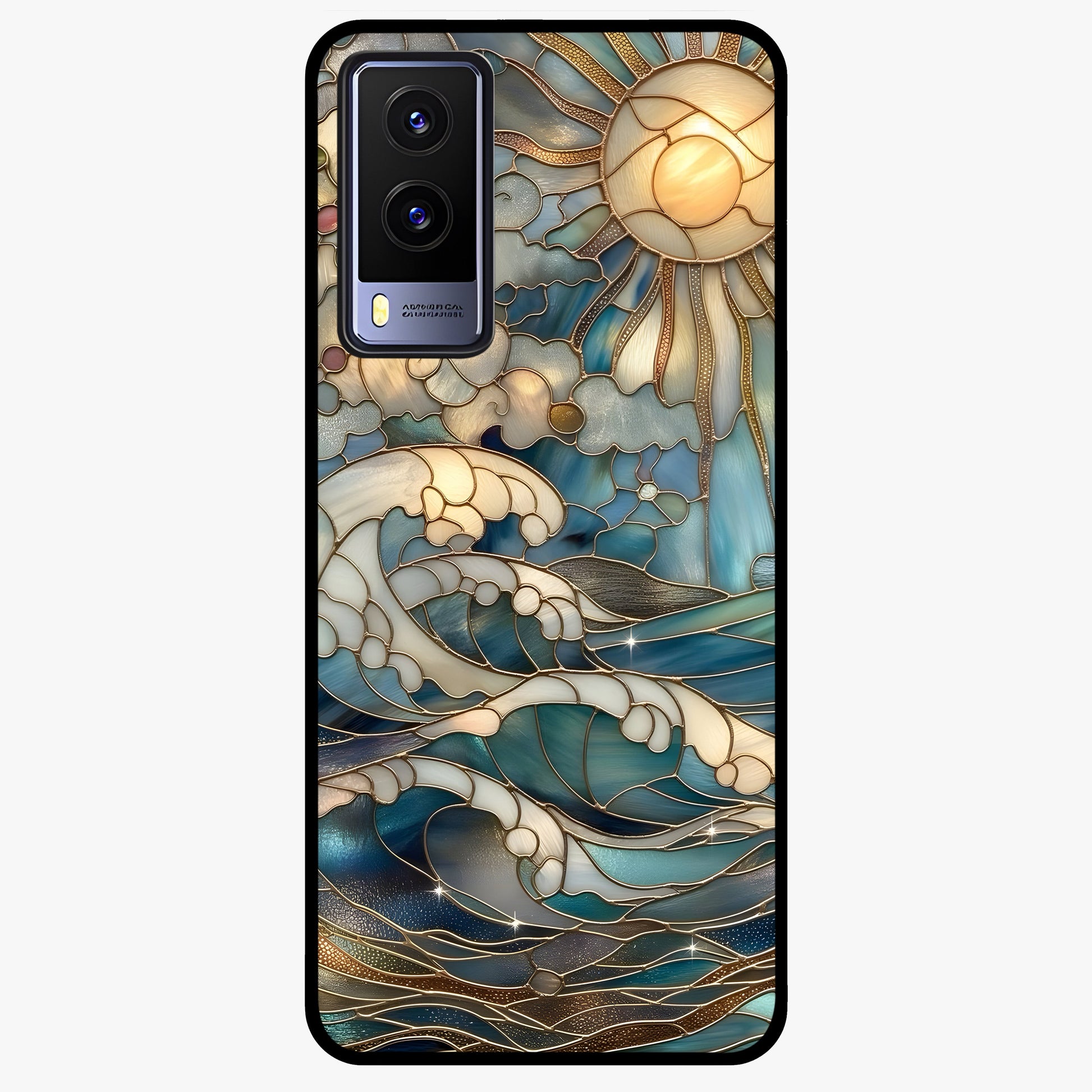 Oceanic Stained Printed Glass Case showing flat back view with ocean inspired stained pattern artwork and glossy glass finish.