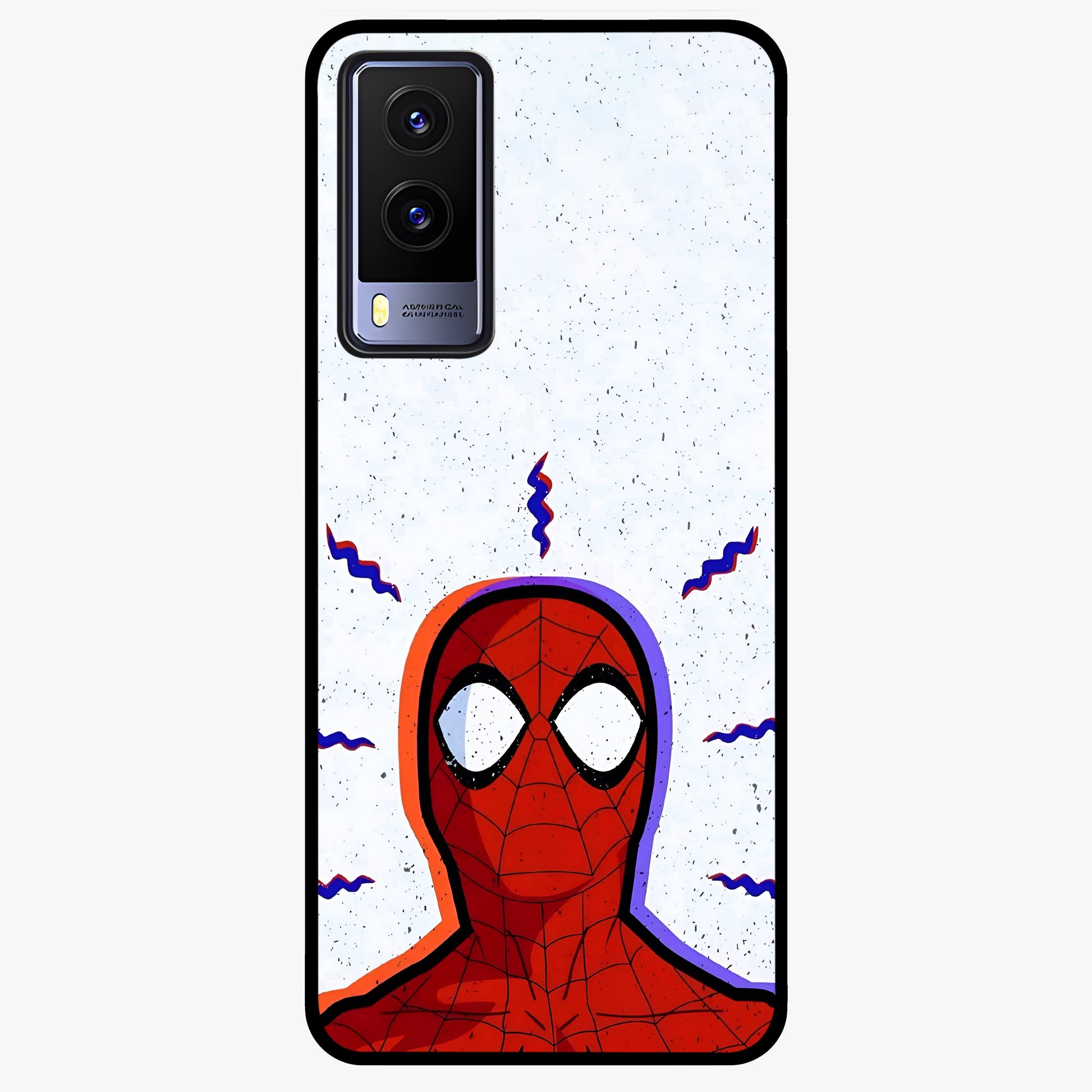 Omg Spiderman Glass Case showing flat back view with bold superhero inspired artwork and glossy glass finish.