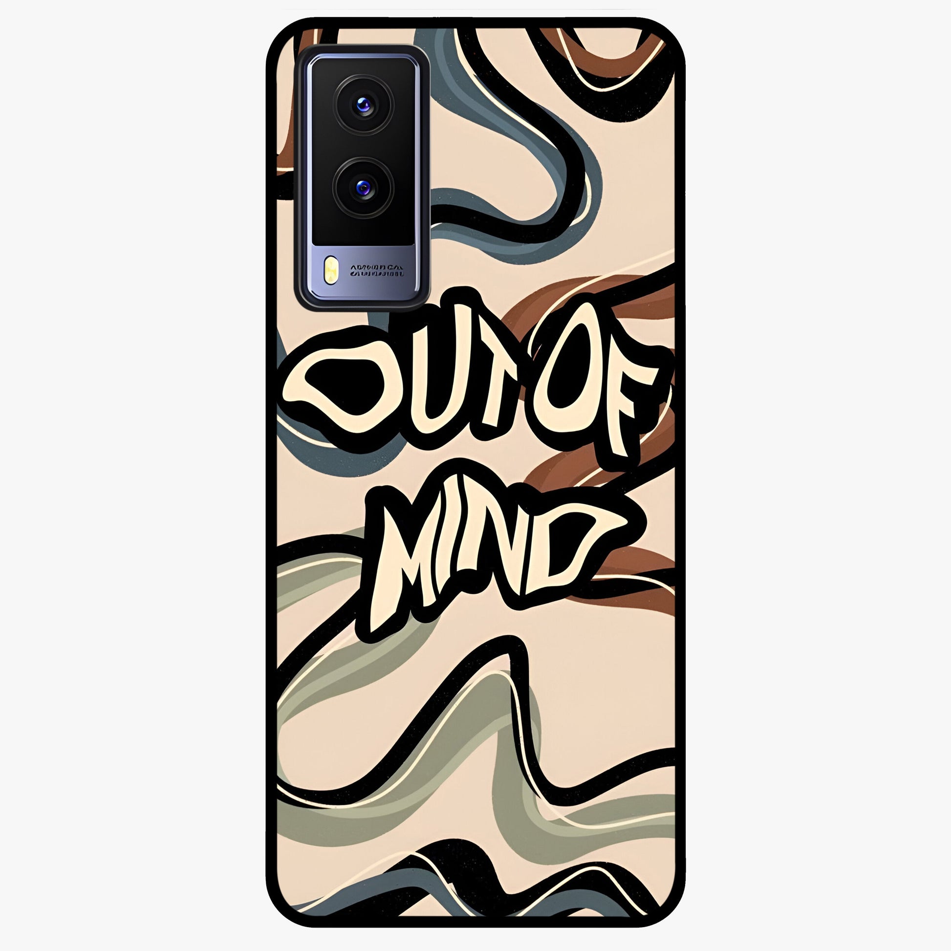 Out Of Mind Glass Case showing flat back view with expressive typography artwork and glossy glass finish.