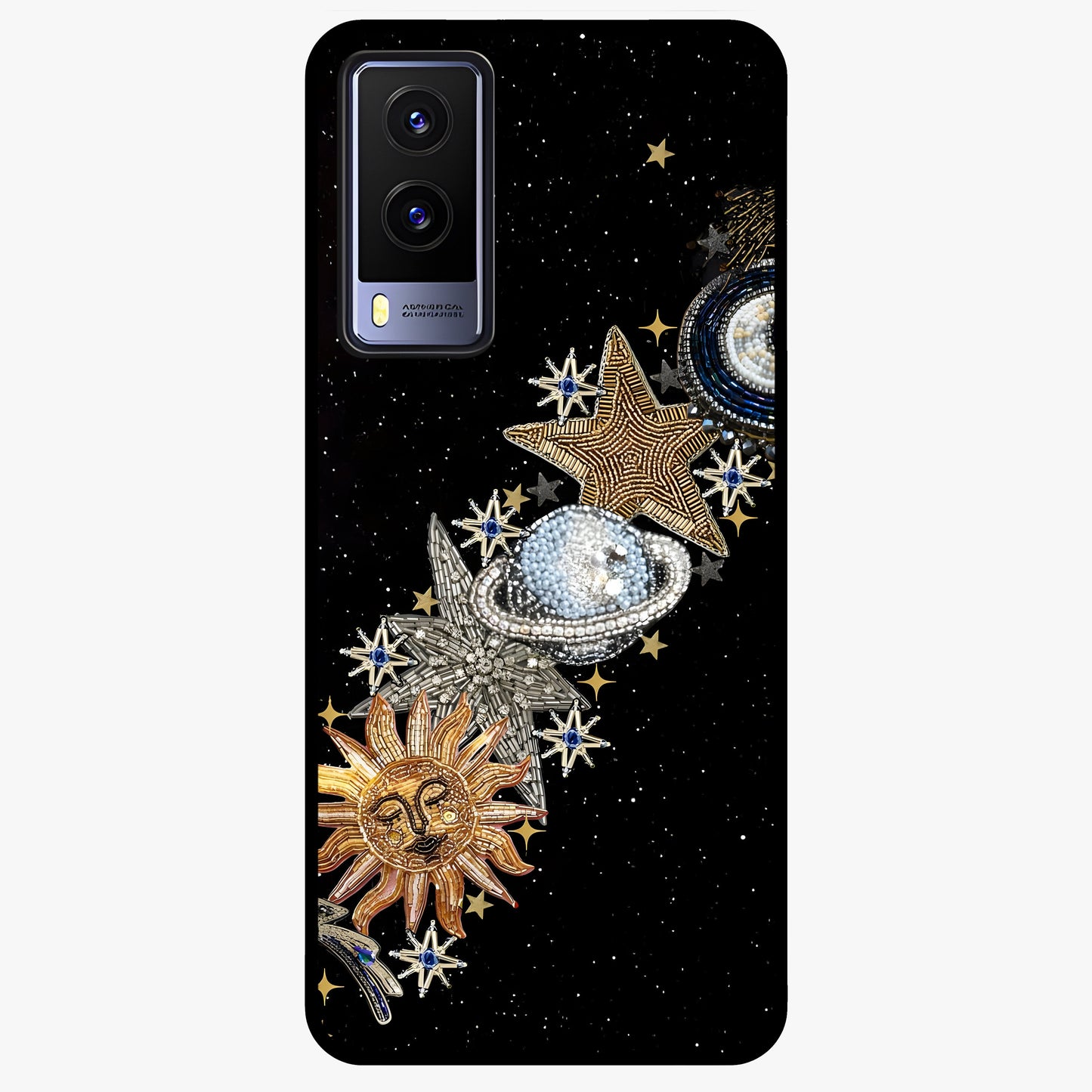 Pearls Universe Object Glass Case showing flat back view with pearl inspired cosmic artwork and glossy glass finish.