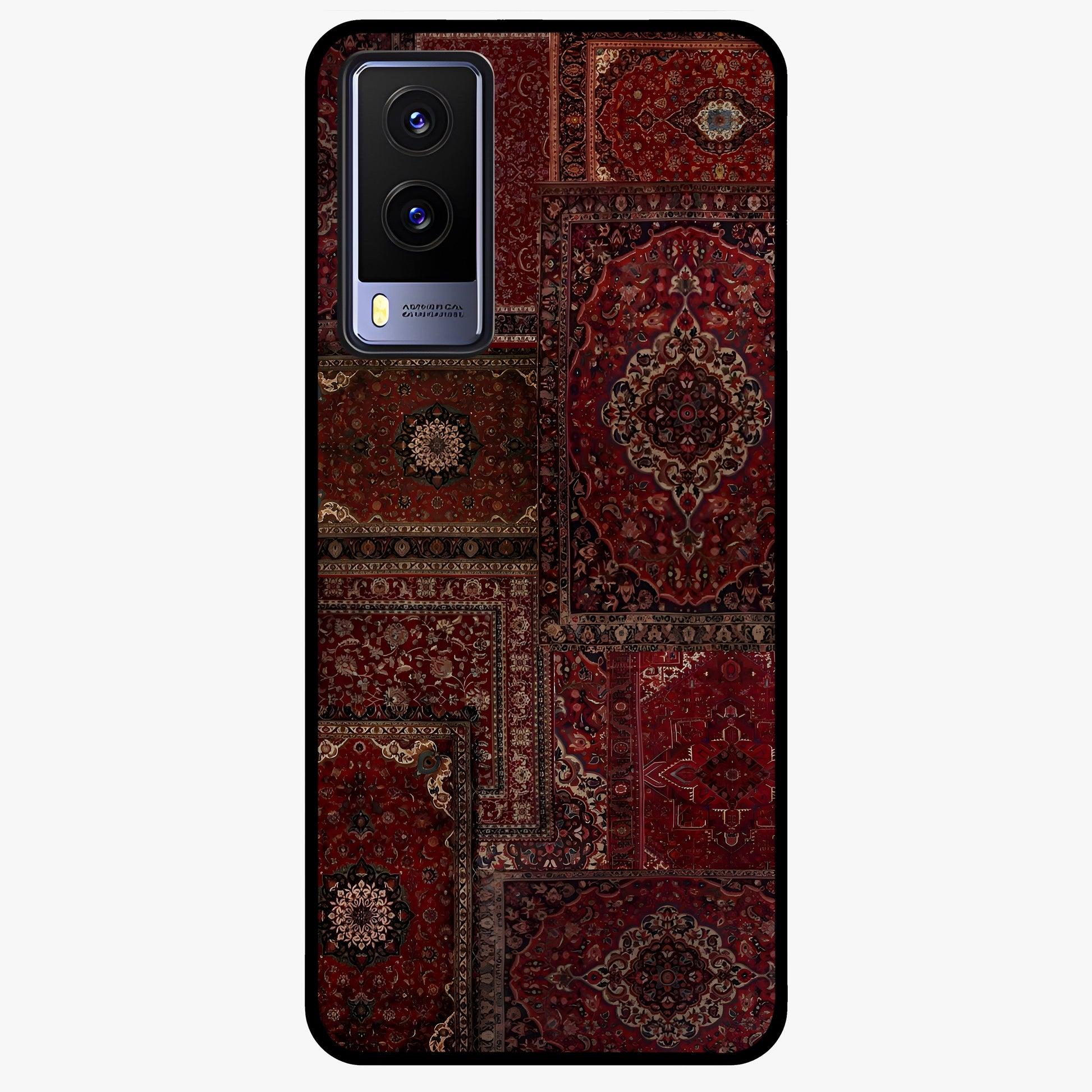 Persian Velvet Tale Glass Case showing flat back view with luxurious Persian velvet pattern artwork and glossy glass finish.
