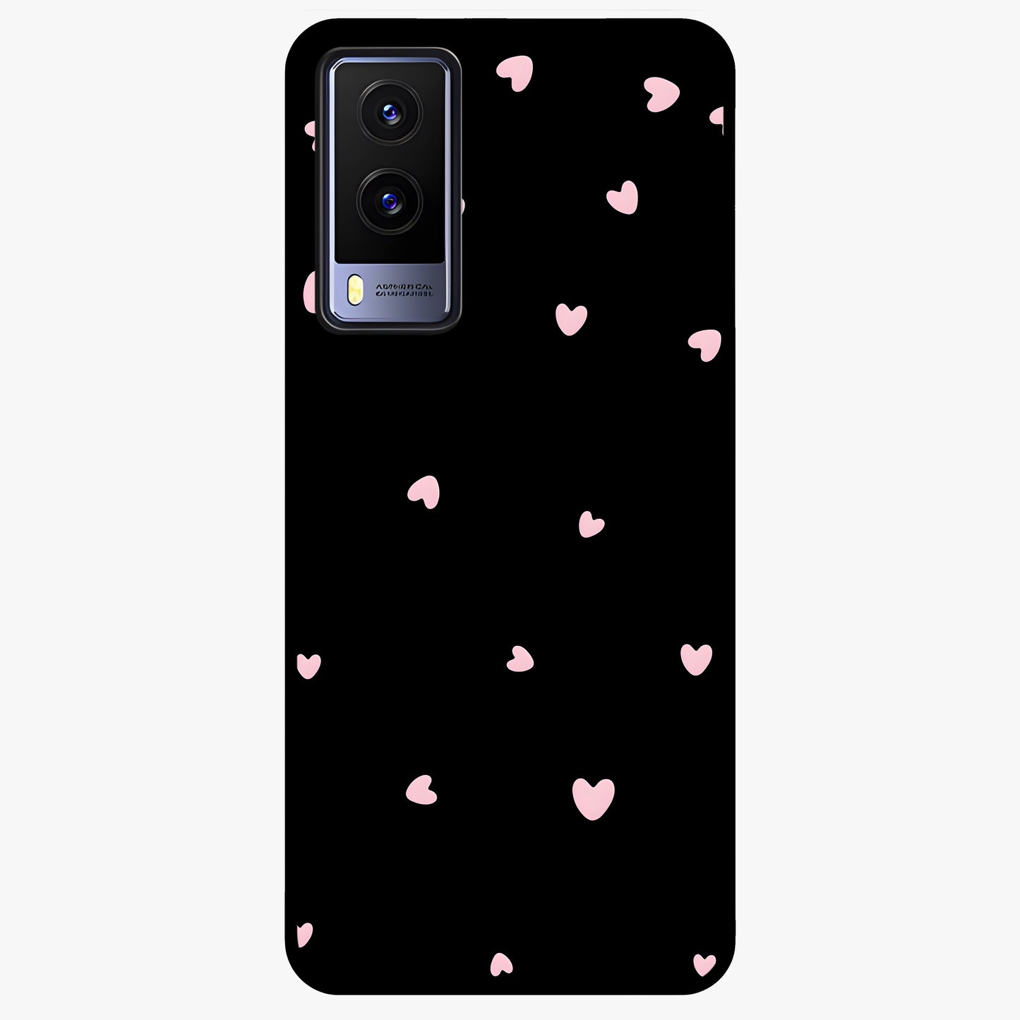 Pink Love Drops Glass Case showing flat back view with playful pink heart drops artwork and glossy glass finish.