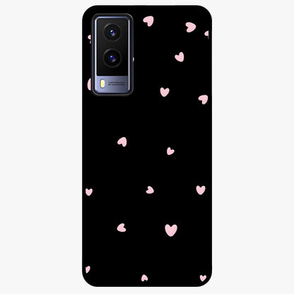 Pink Love Drops Glass Case showing flat back view with playful pink heart drops artwork and glossy glass finish.